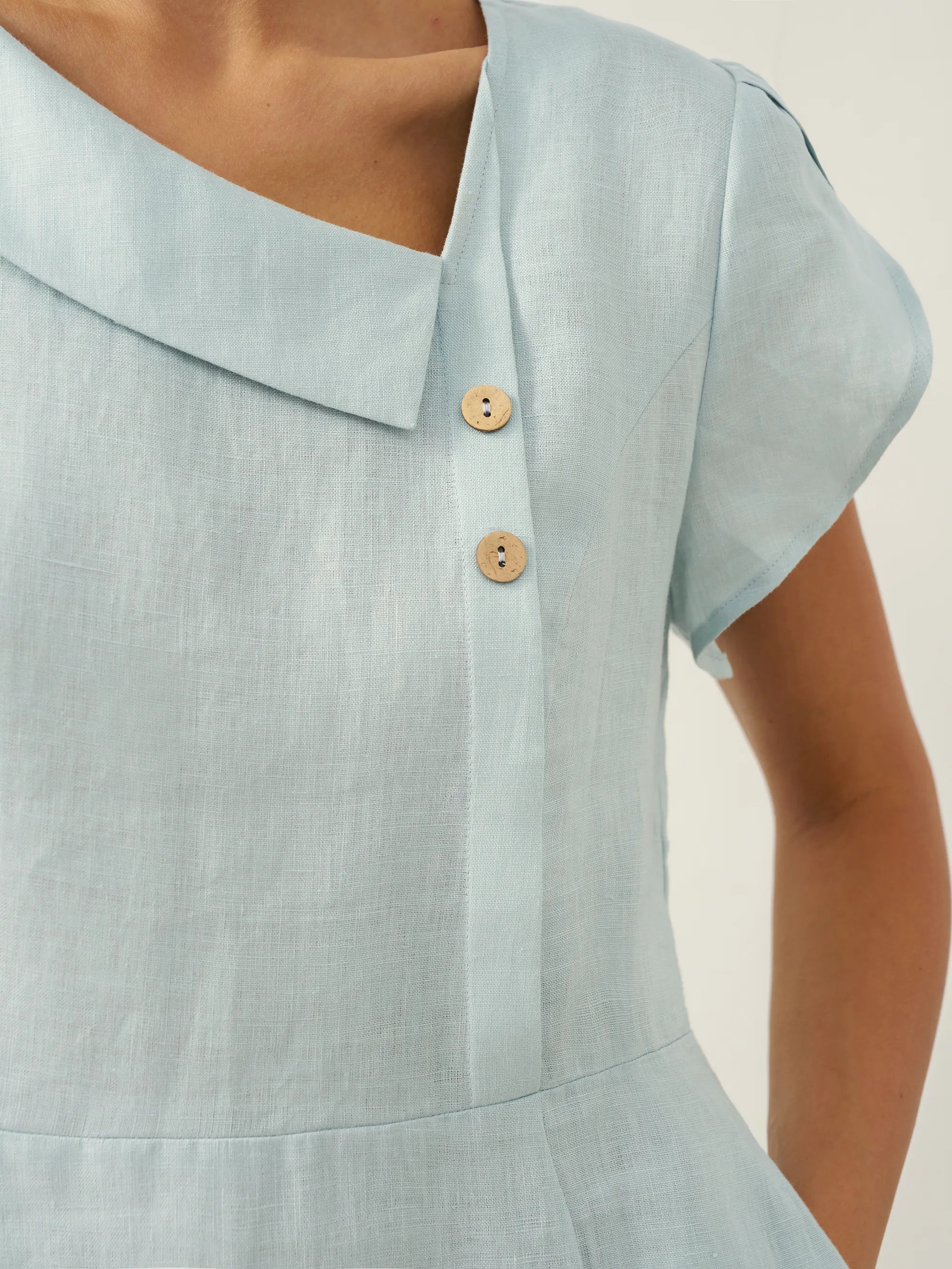 100% Linen Crescent Collar Flutter Sleeve Mini Dress FIONA