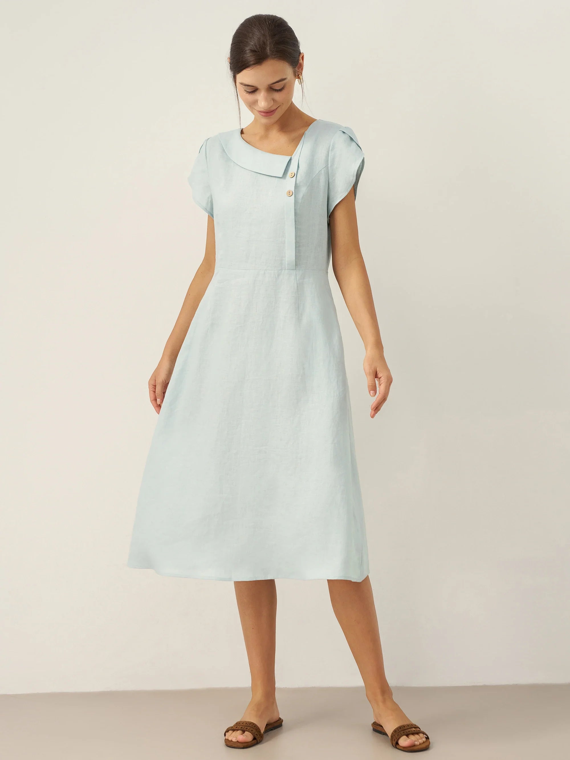 100% Linen Crescent Collar Flutter Sleeve Mini Dress FIONA