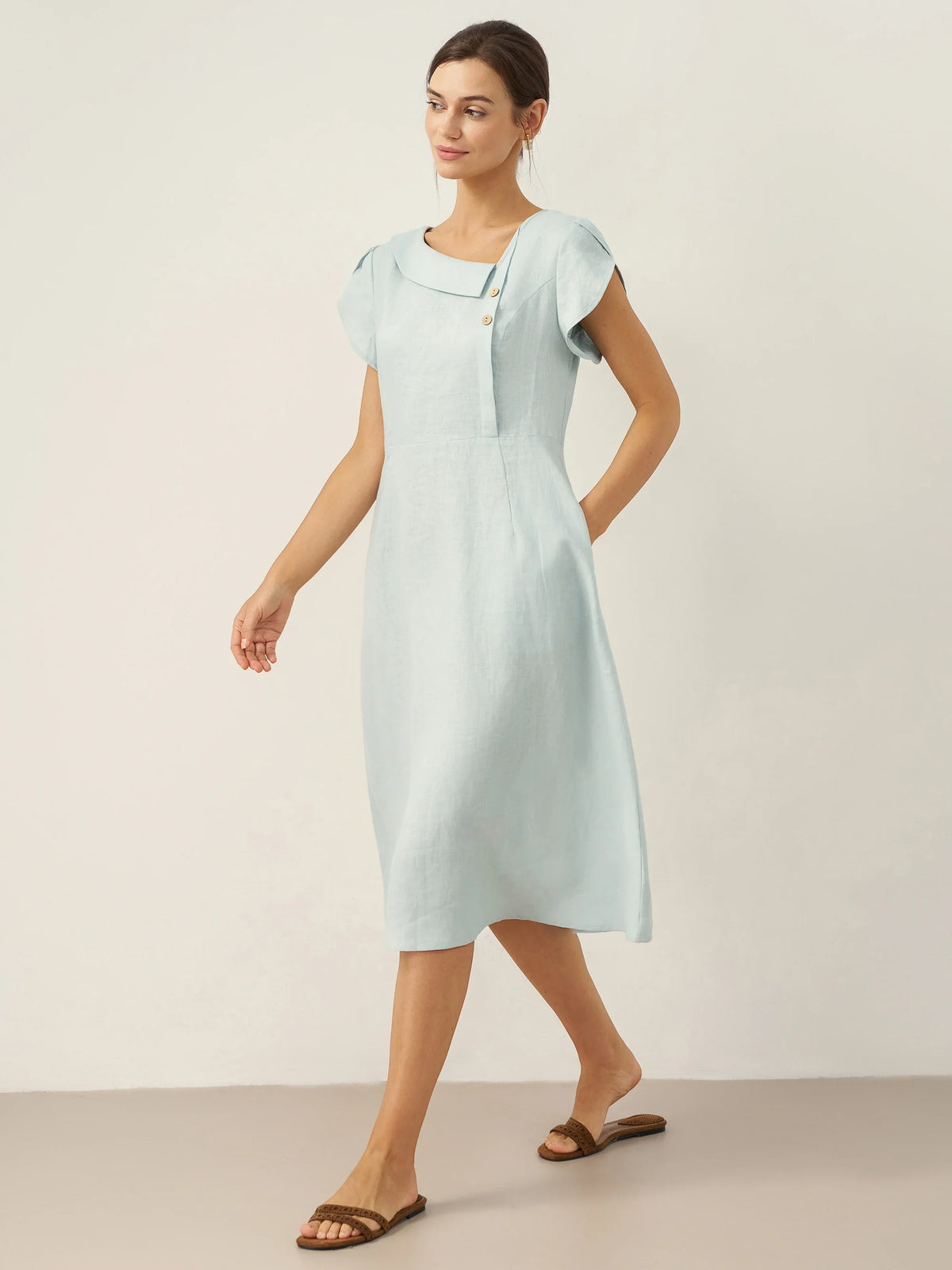 100% Linen Crescent Collar Flutter Sleeve Mini Dress FIONA DestGlow