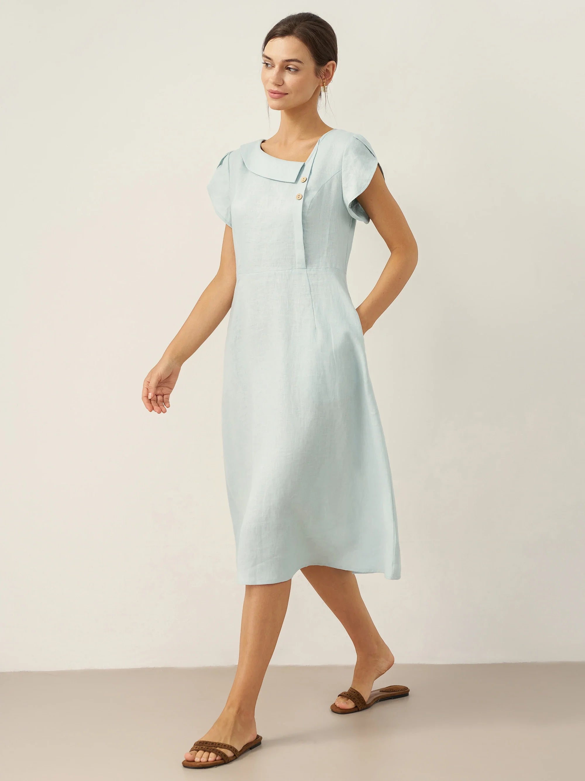 100% Linen Crescent Collar Flutter Sleeve Mini Dress FIONA