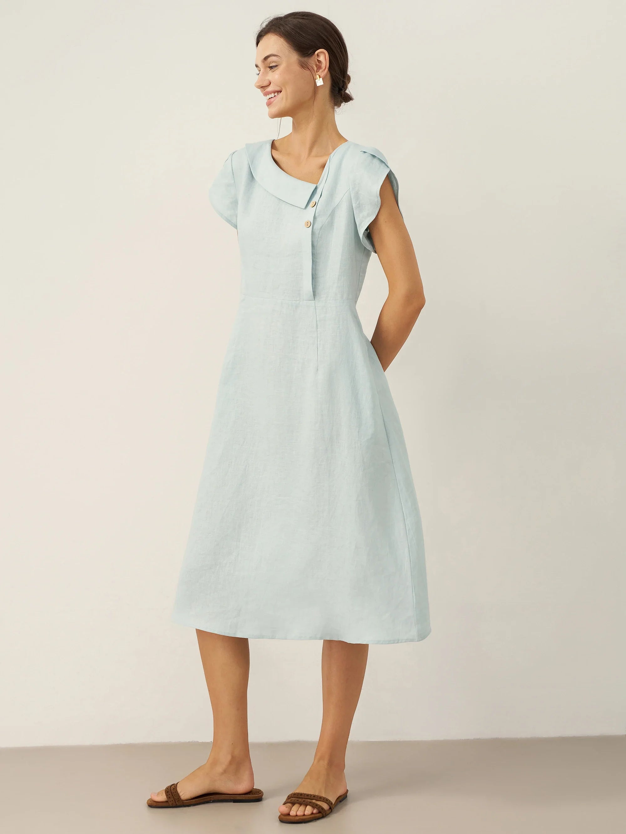 100% Linen Crescent Collar Flutter Sleeve Mini Dress FIONA DestGlow