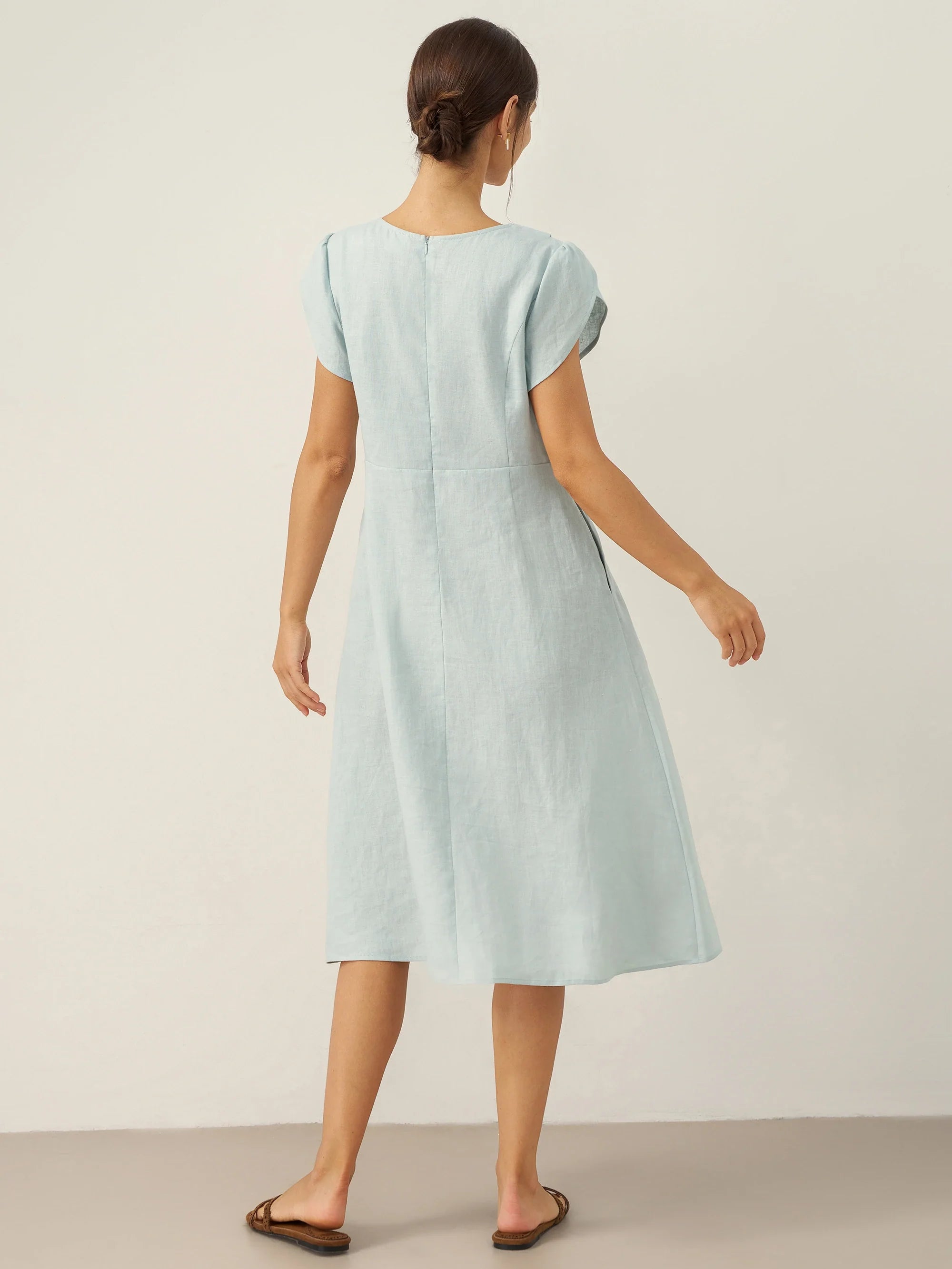 100% Linen Crescent Collar Flutter Sleeve Mini Dress FIONA DestGlow