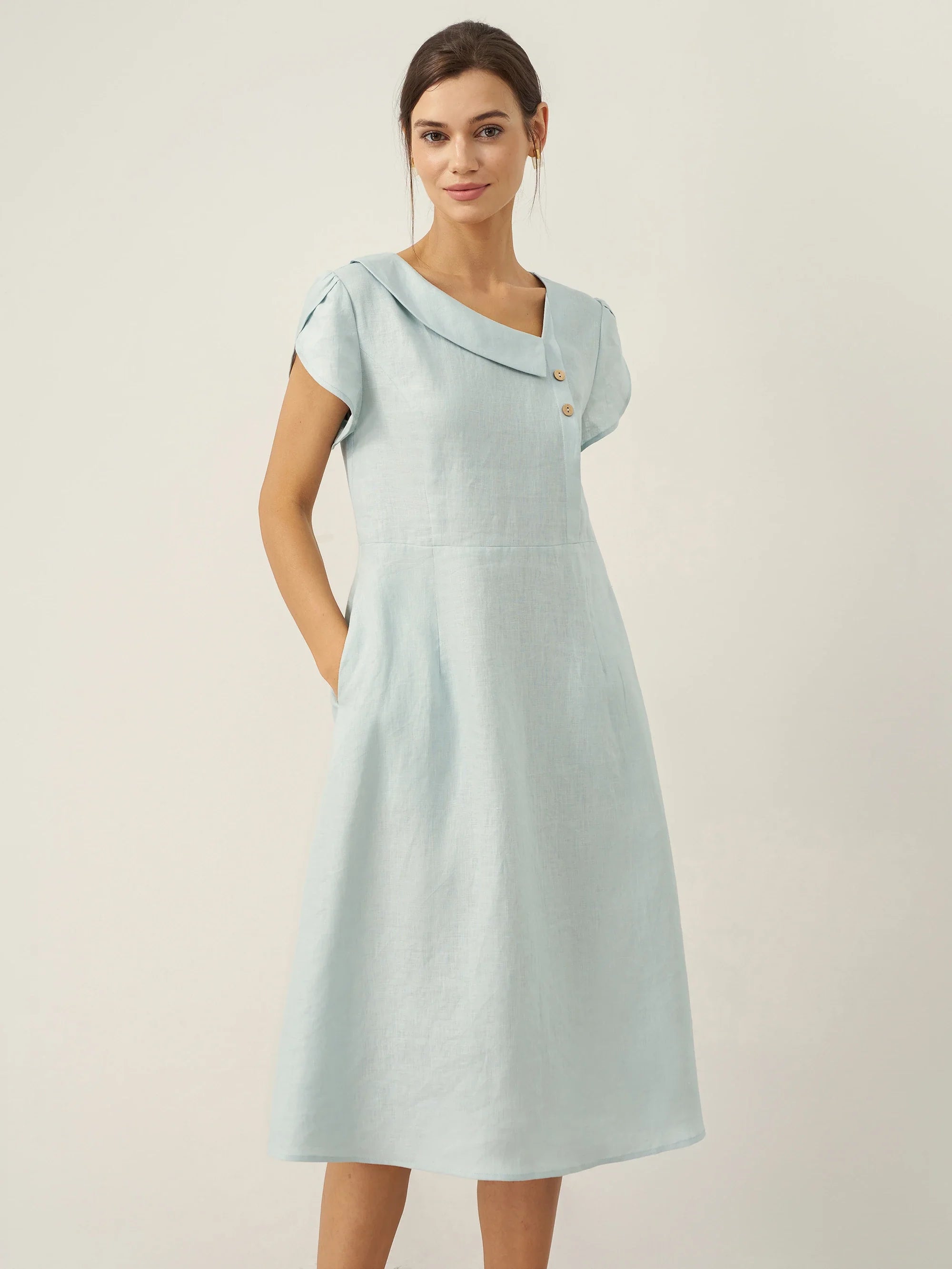 100% Linen Crescent Collar Flutter Sleeve Mini Dress FIONA