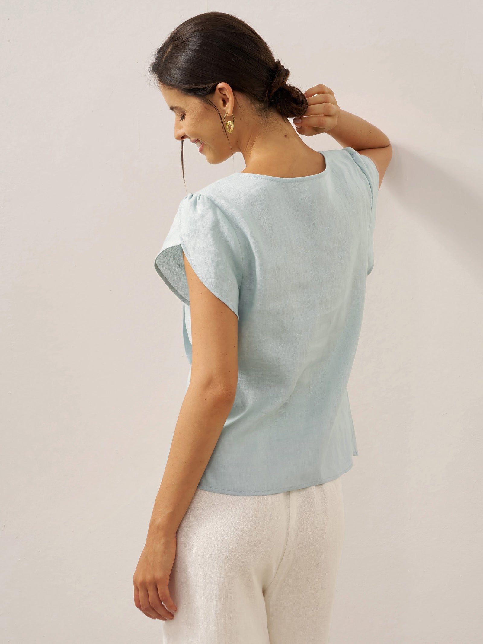 100% Linen Crescent Collar Flutter Sleeve Top FARA by LINTICO