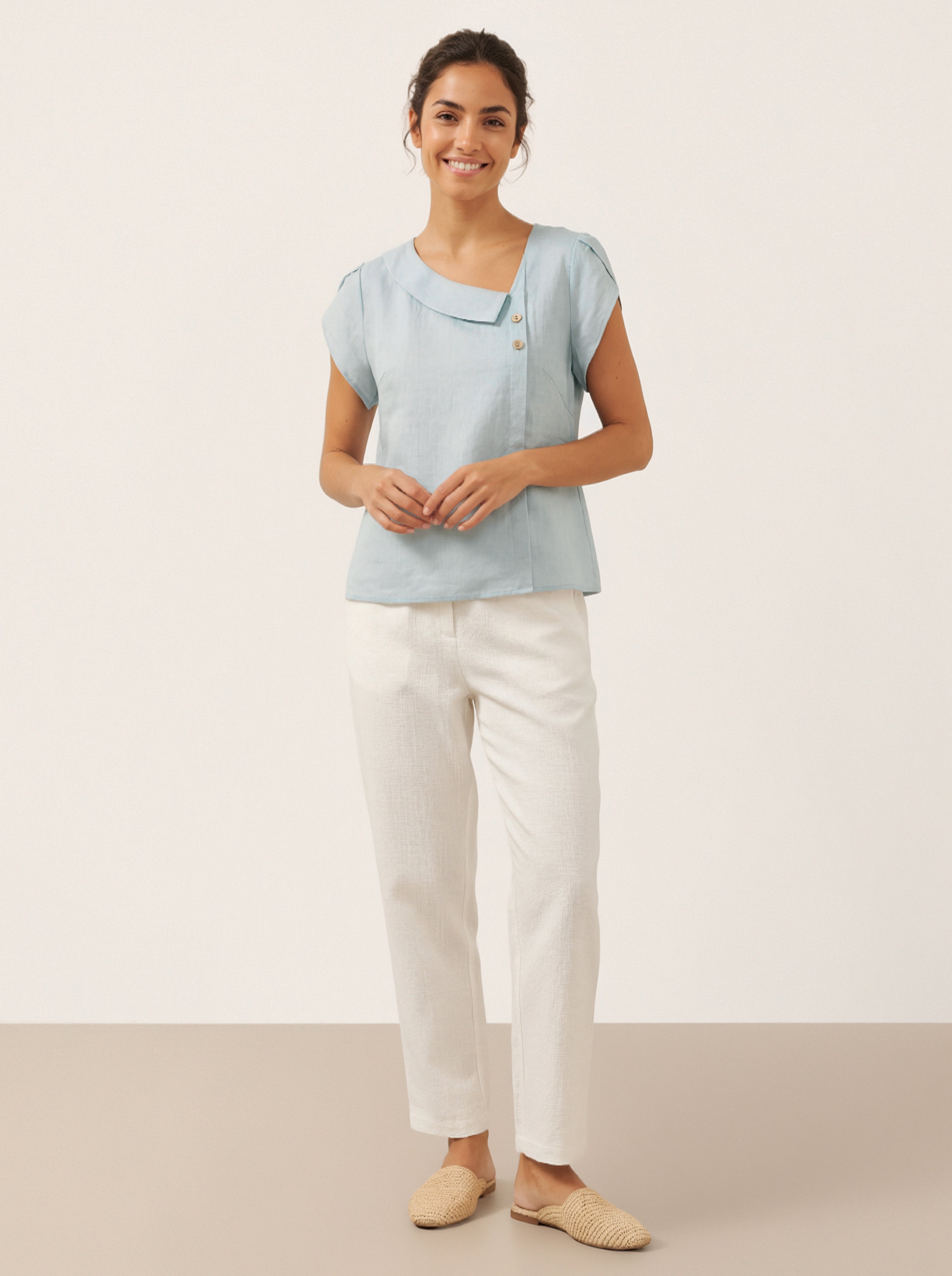 100% Linen Crescent Collar Flutter Sleeve Top FARA by LINTICO