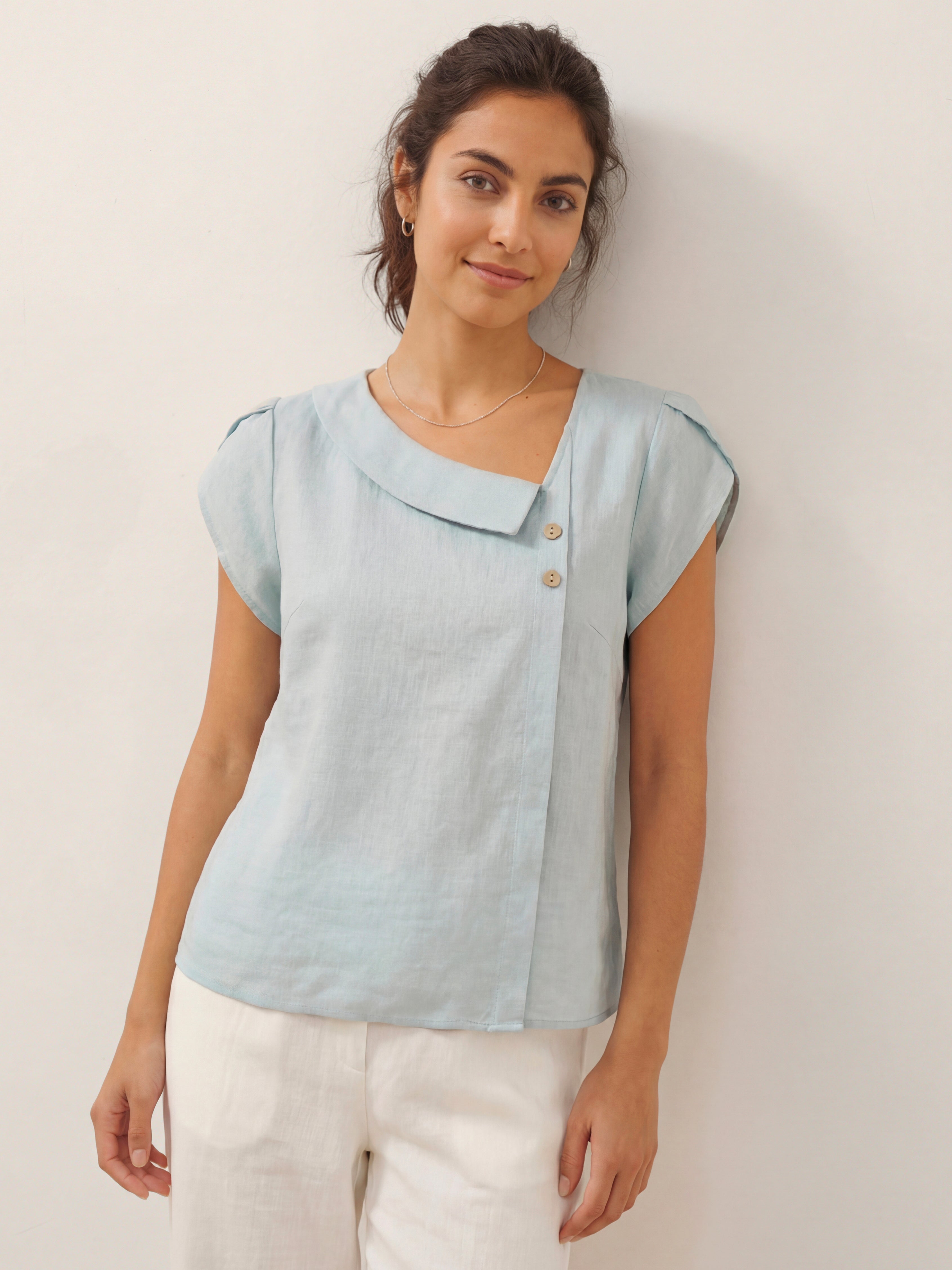 100% Linen Crescent Collar Flutter Sleeve Top FARA by LINTICO