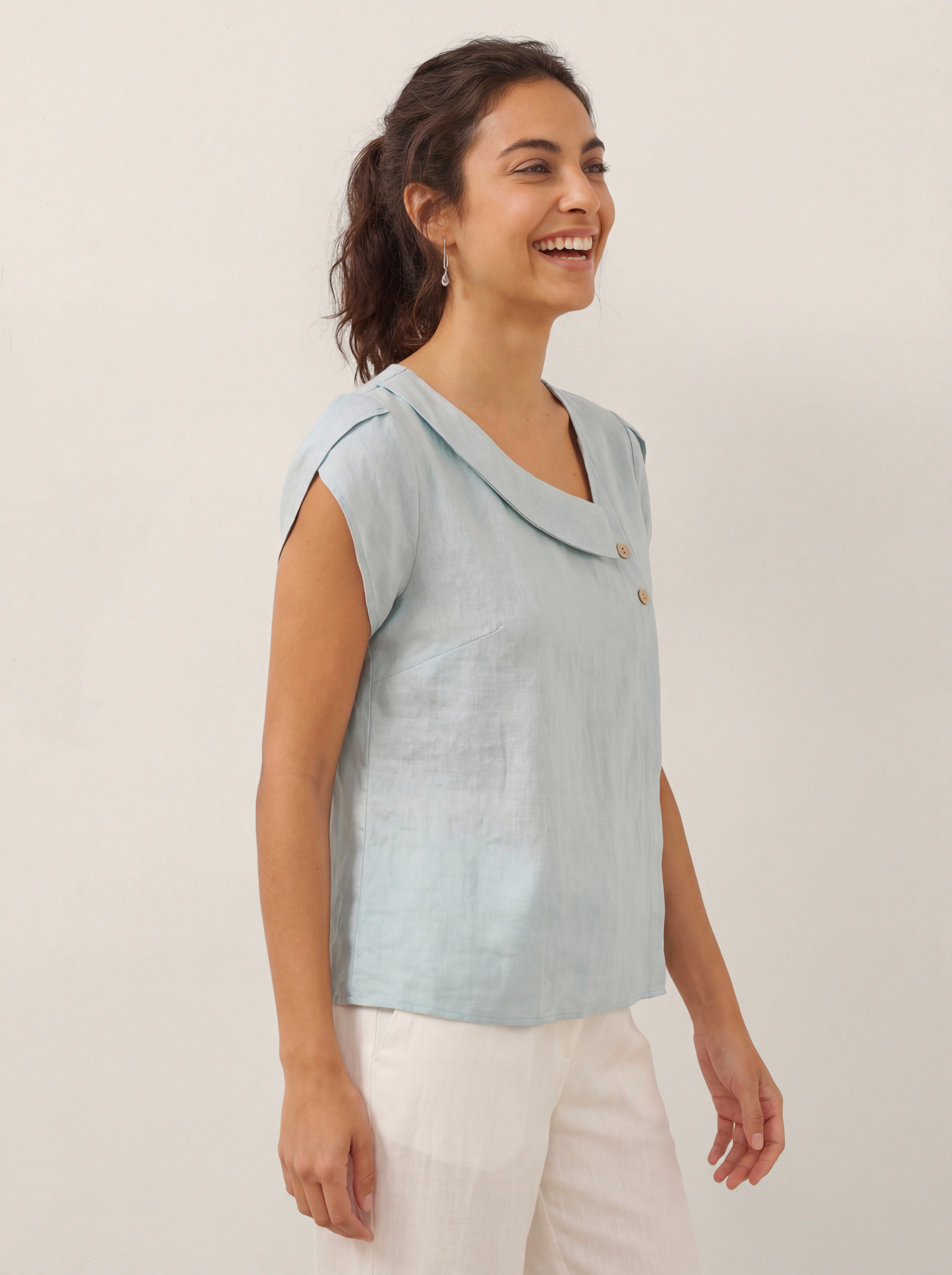 100% Linen Crescent Collar Flutter Sleeve Top FARA by LINTICO