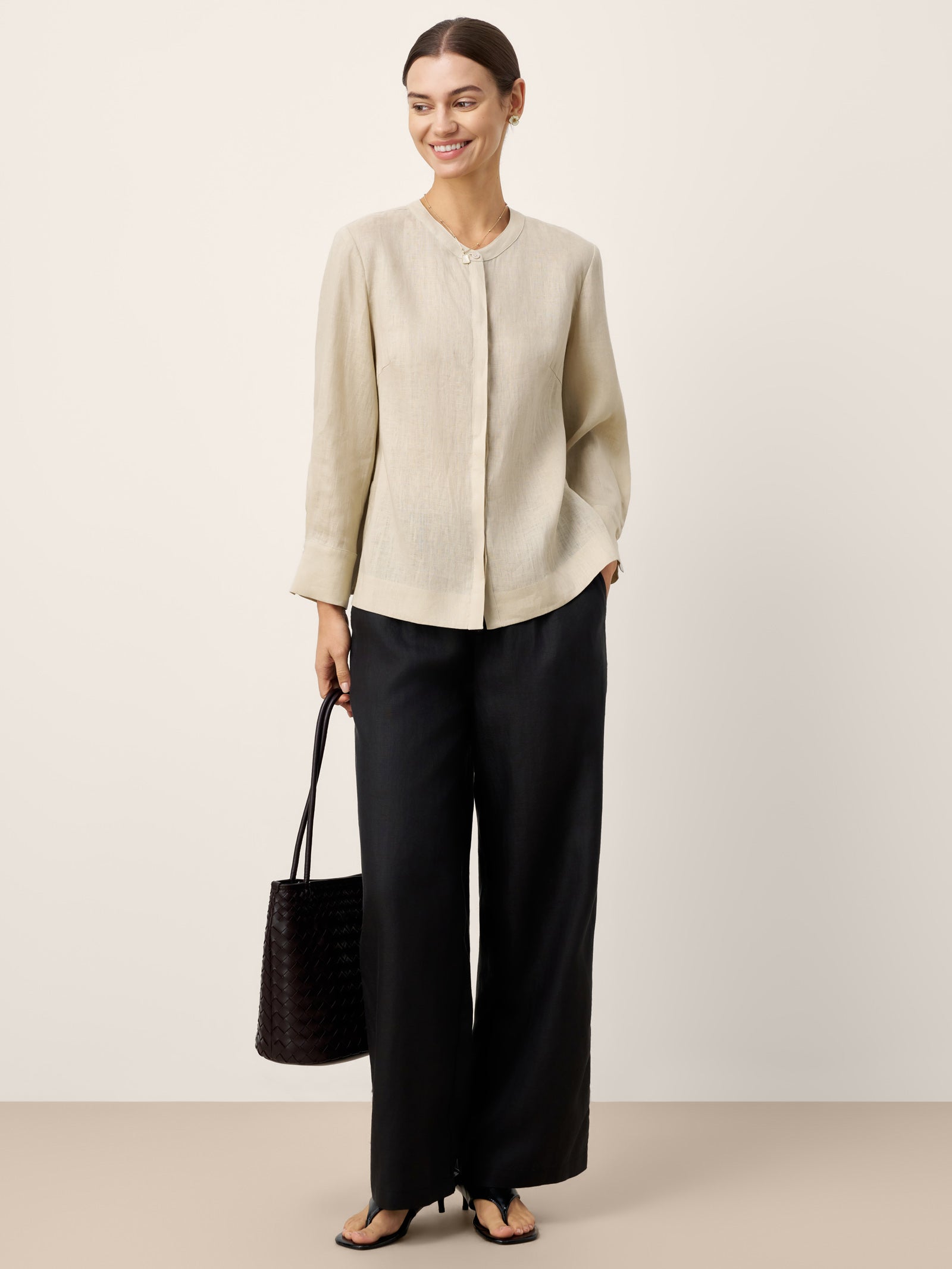 100% Linen Hidden Button Crew Neck Shirt INES