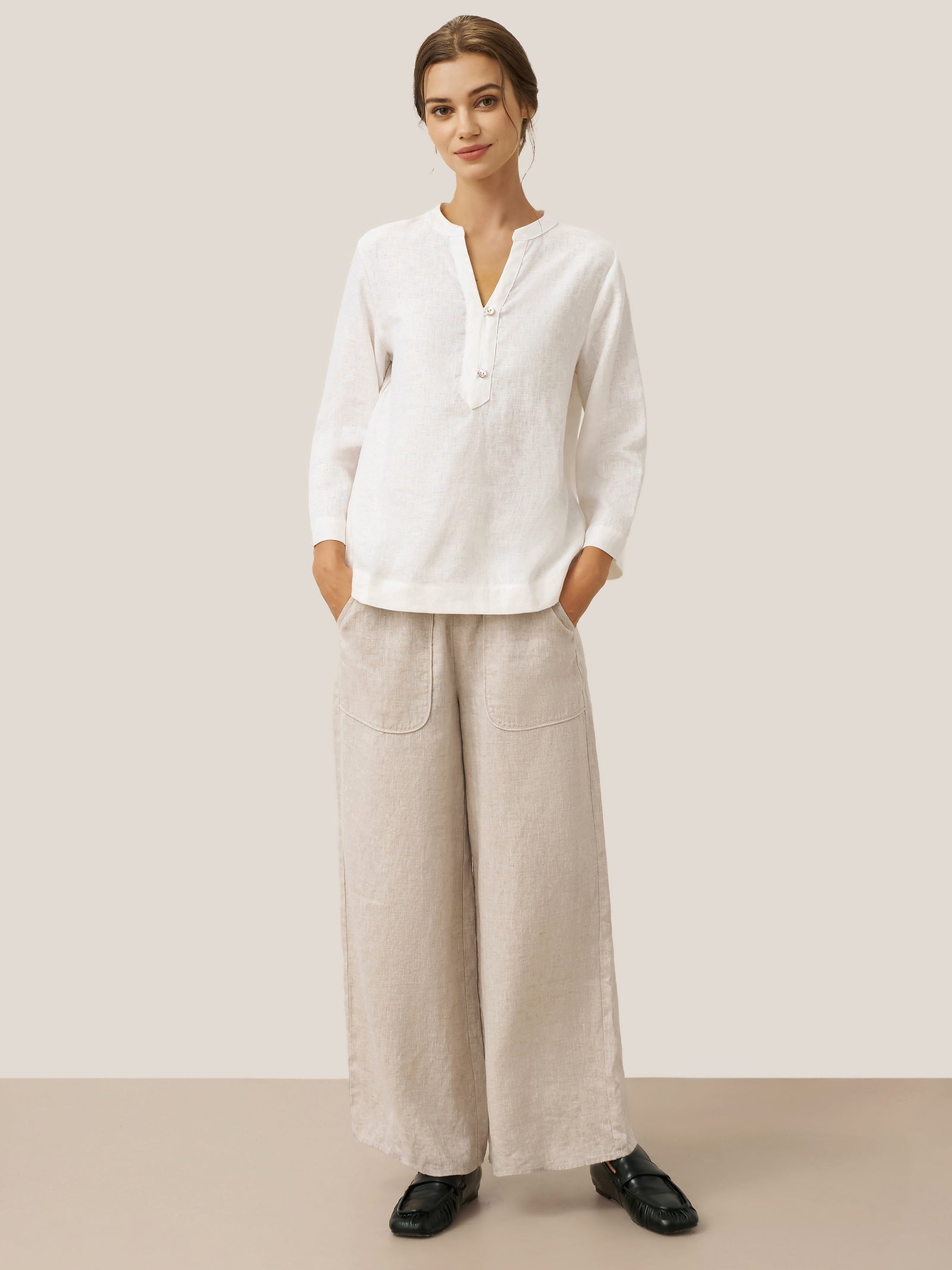 100% Linen Deep V-Neck Pullover with Button-Trim JOLYNE DestGlow