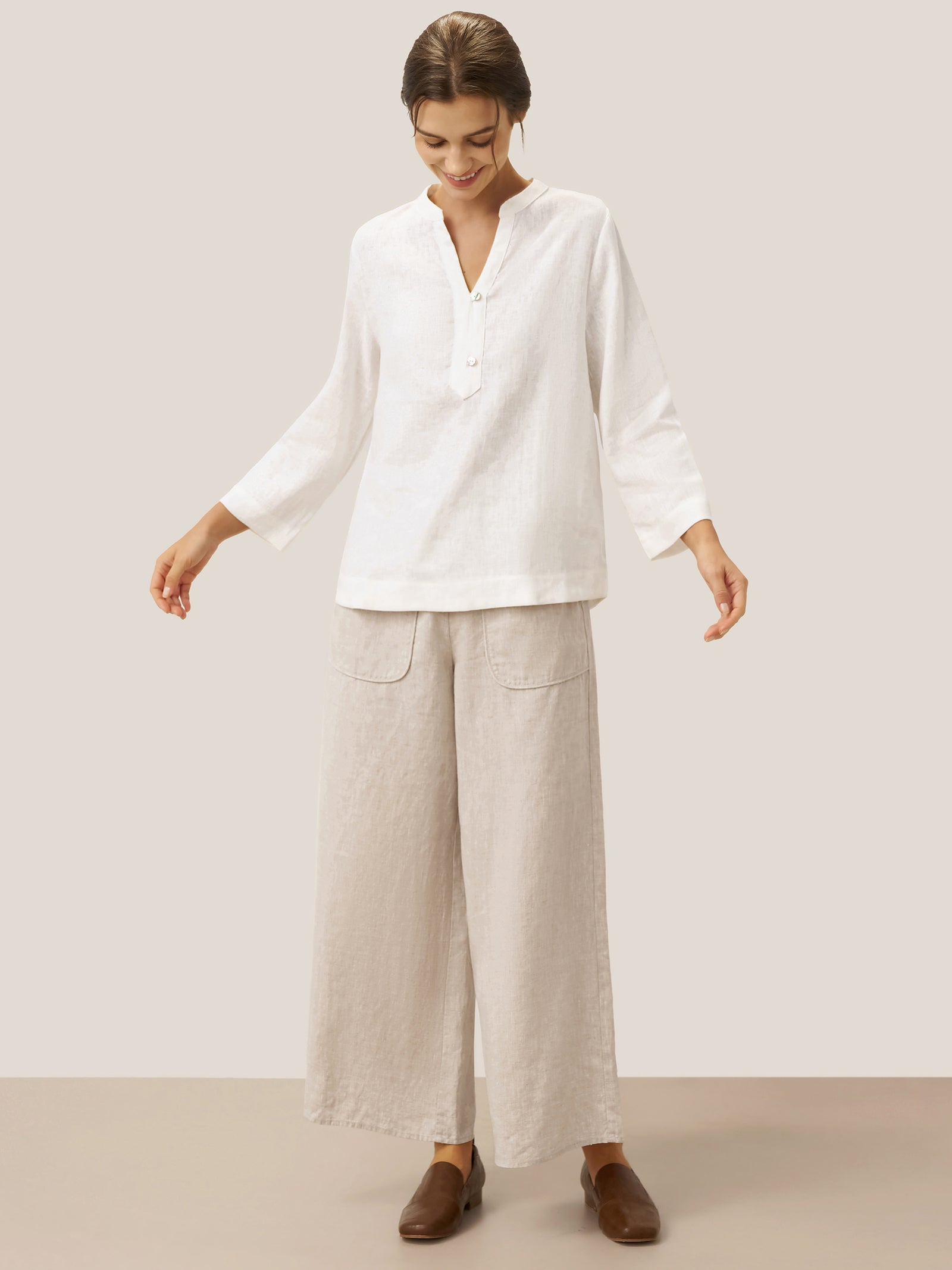 100% Linen Deep V-Neck Pullover with Button-Trim JOLYNE DestGlow