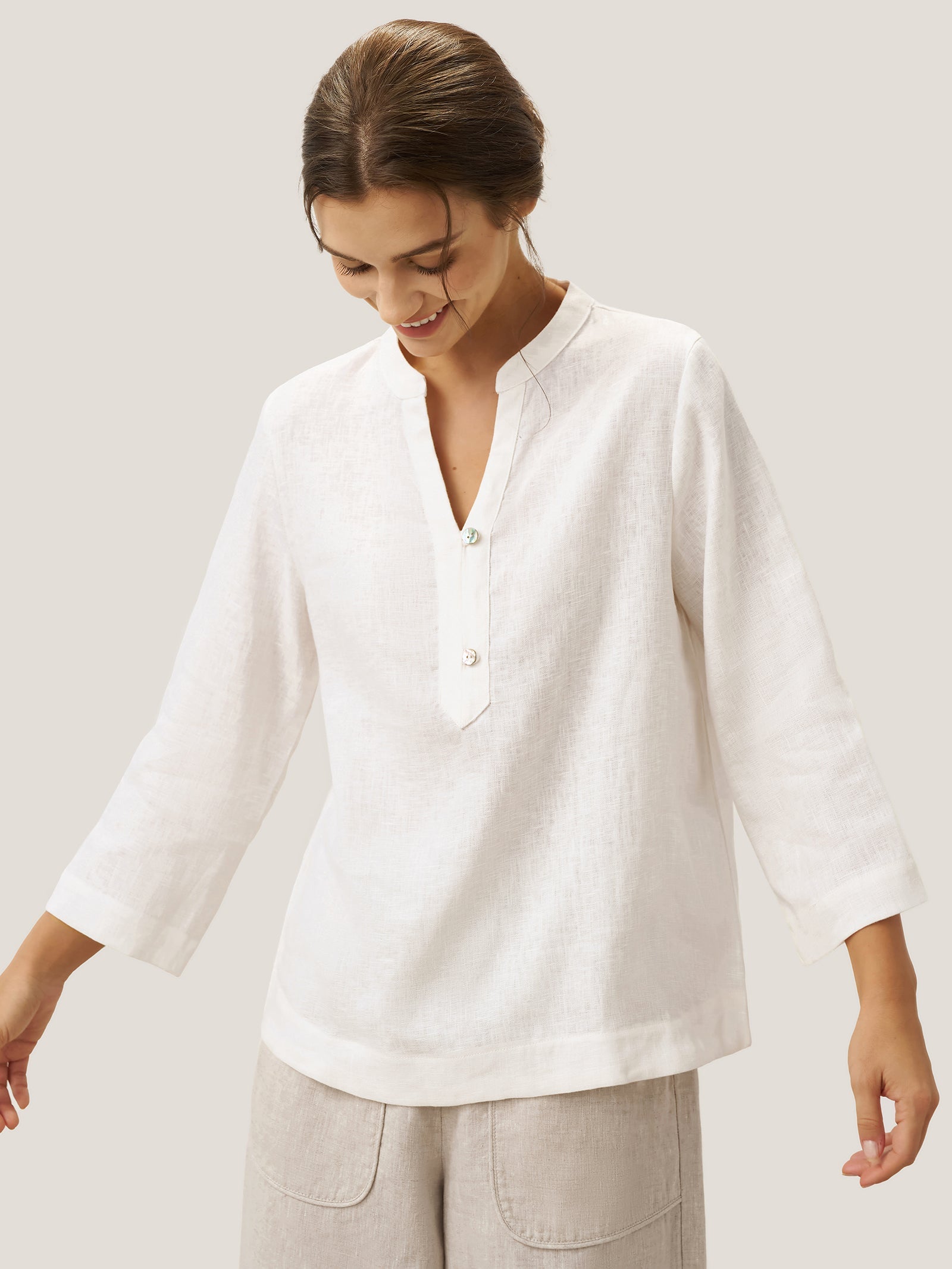 100% Linen Deep V-Neck Pullover with Button-Trim JOLYNE DestGlow
