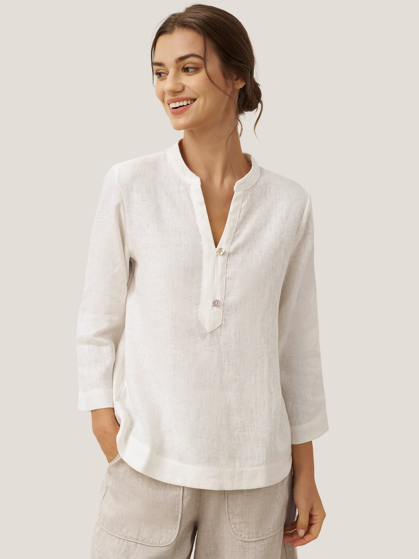 100% Linen Deep V-Neck Pullover with Button-Trim JOLYNE DestGlow