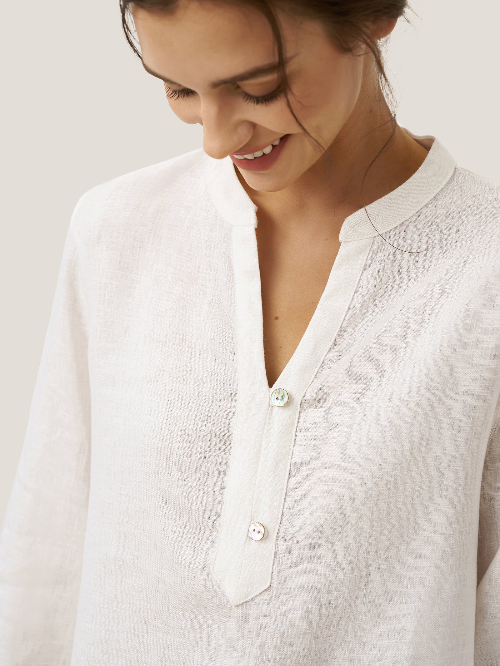 100% Linen Deep V-Neck Pullover with Button-Trim JOLYNE DestGlow