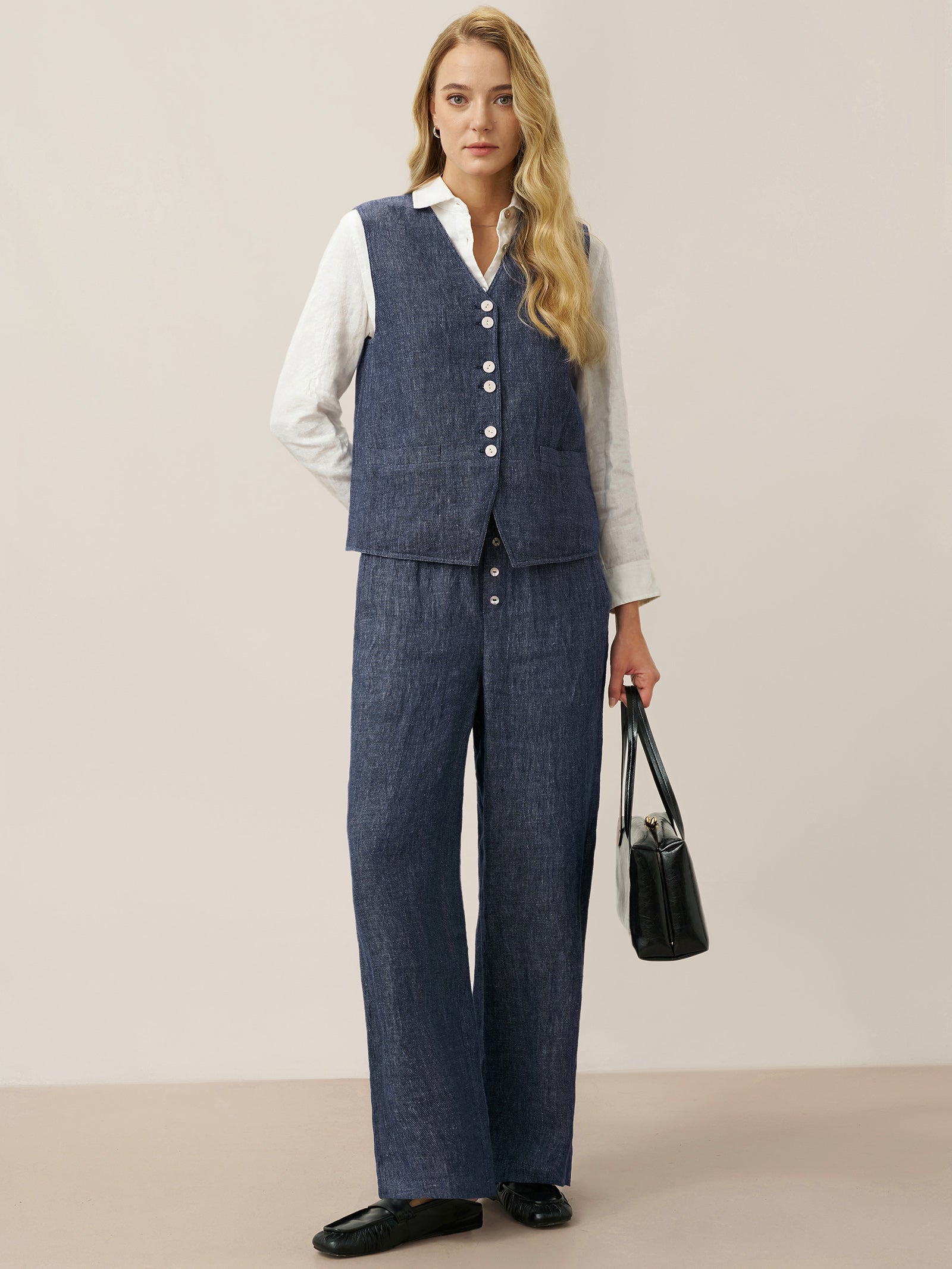 100% Linen Denim Texture Elastic Waist Straight Leg Pants HAZEL DestGlow