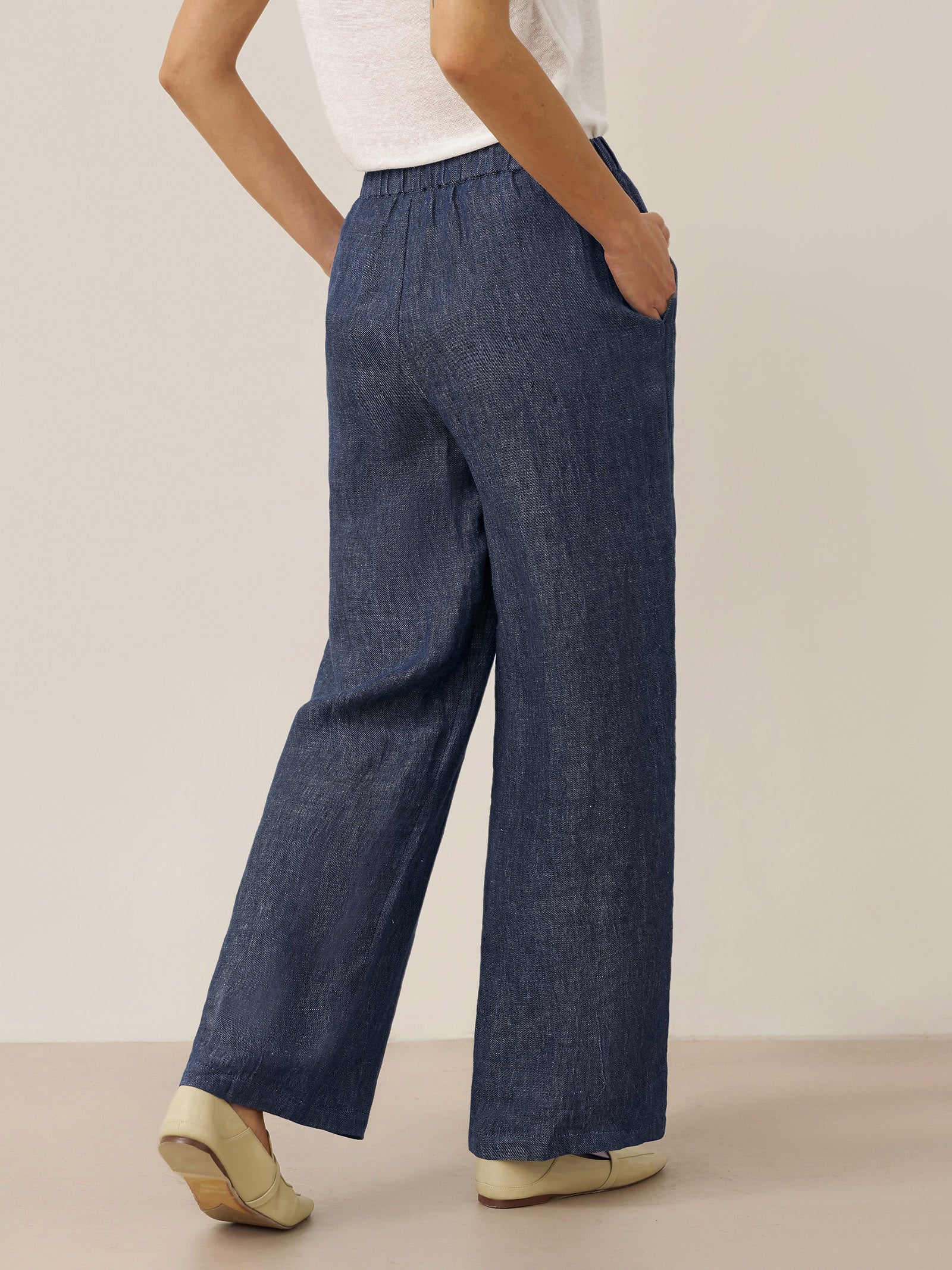 100% Linen Denim Texture Elastic Waist Straight Leg Pants HAZEL DestGlow