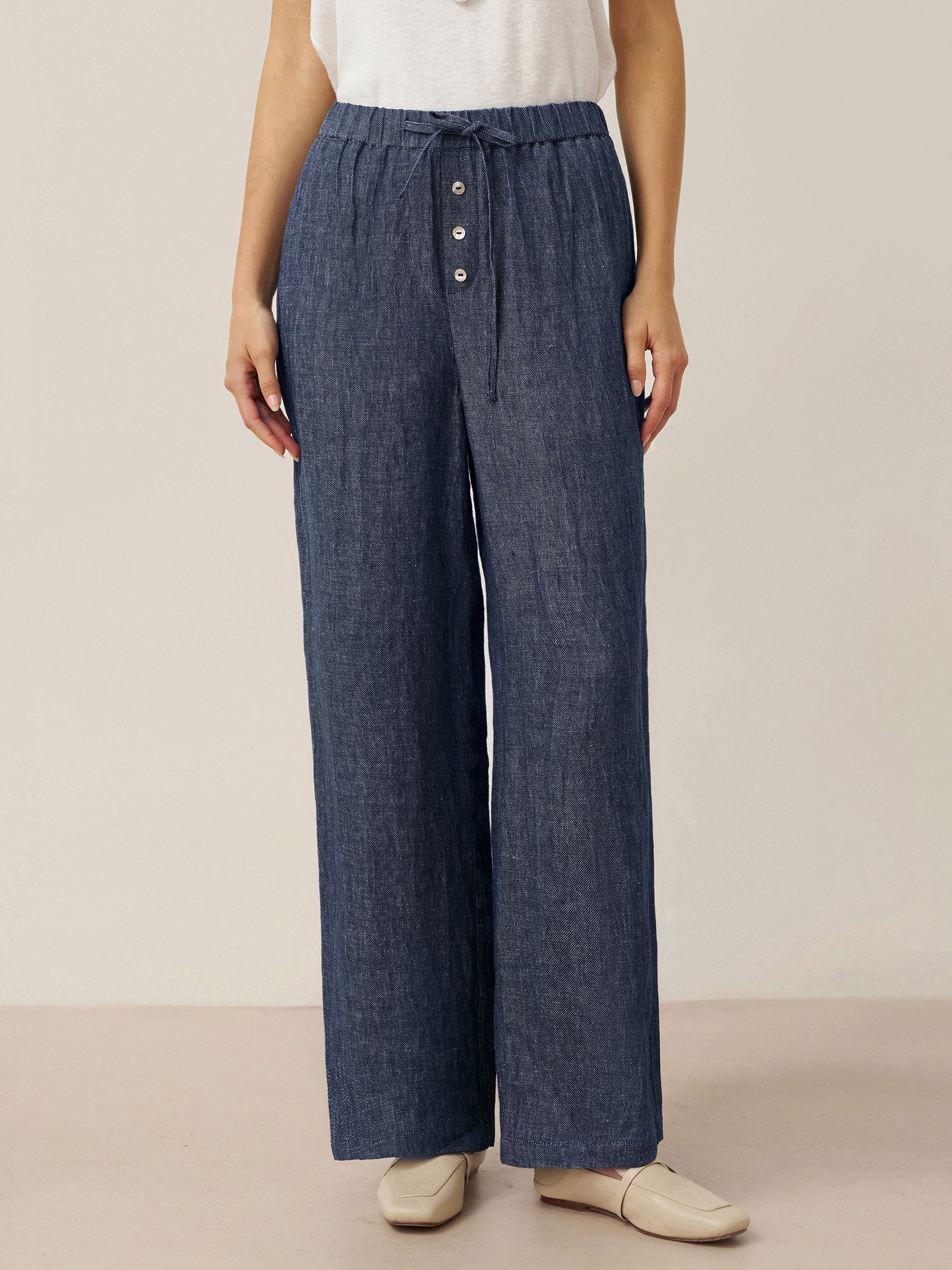 100% Linen Denim Texture Elastic Waist Straight Leg Pants HAZEL DestGlow
