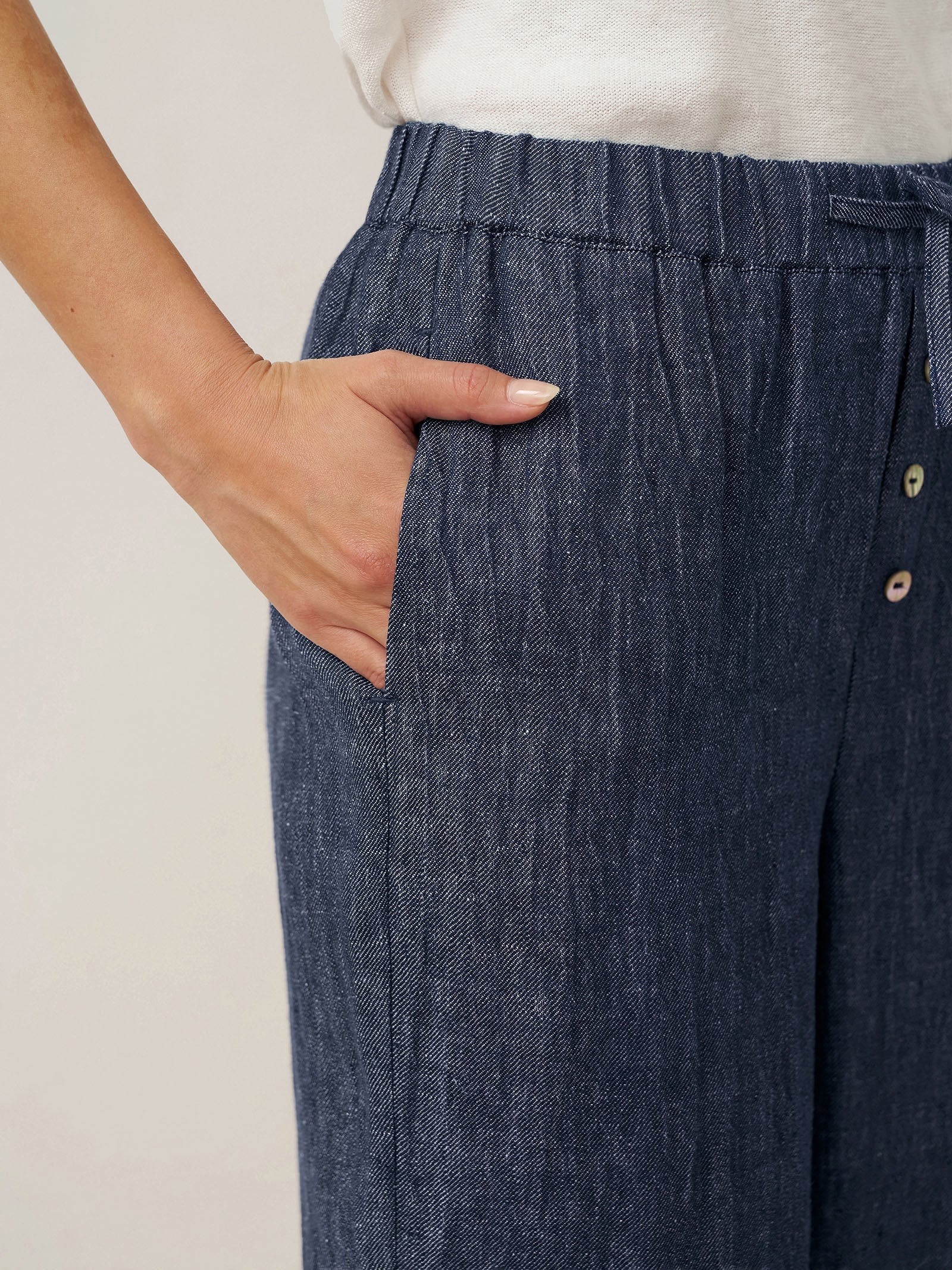 100% Linen Denim Texture Elastic Waist Straight Leg Pants HAZEL DestGlow
