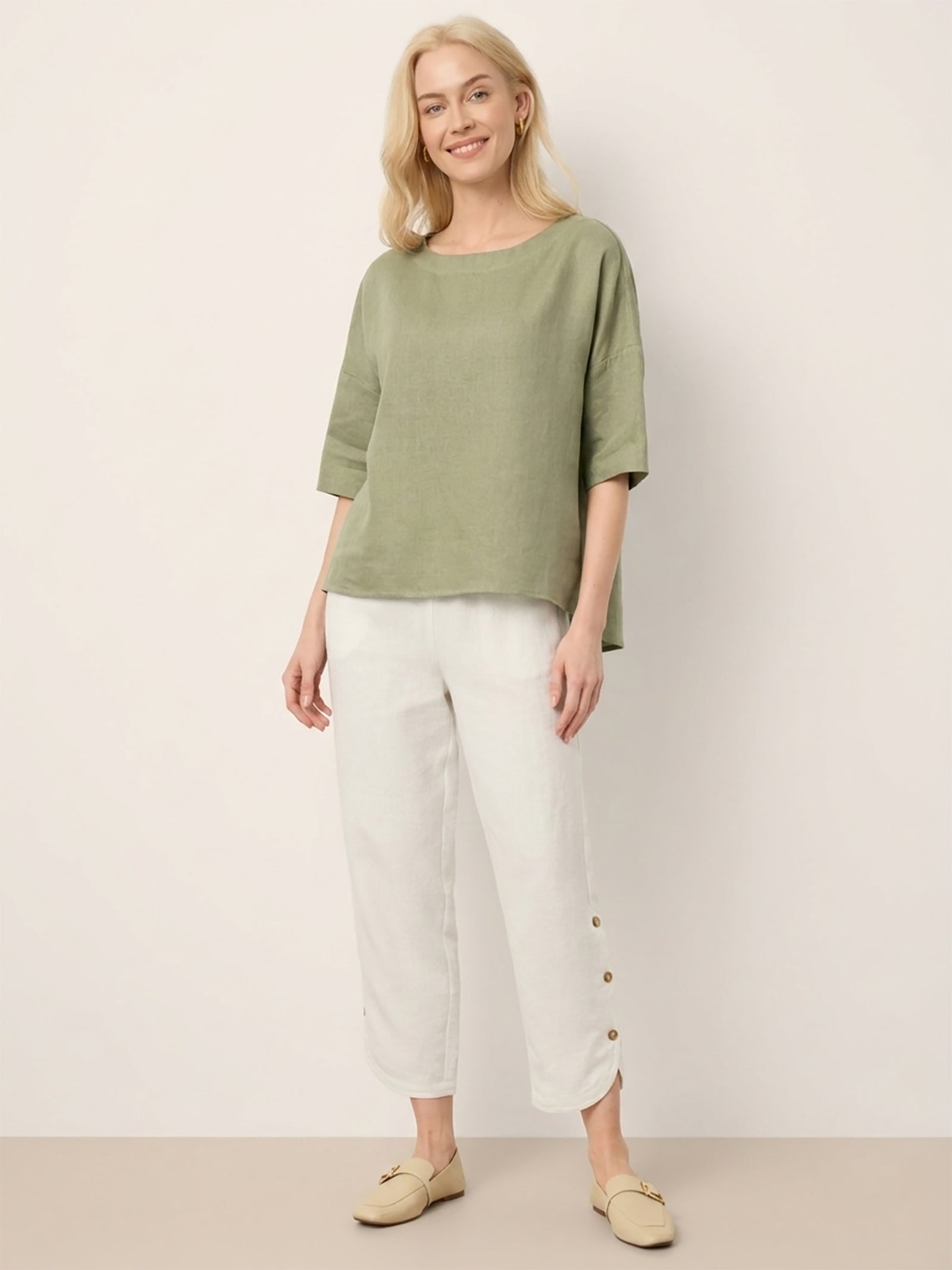 100% Linen Drop Shoulder Shirred Back High-Low Hem Top LINDSEY by LINTICO