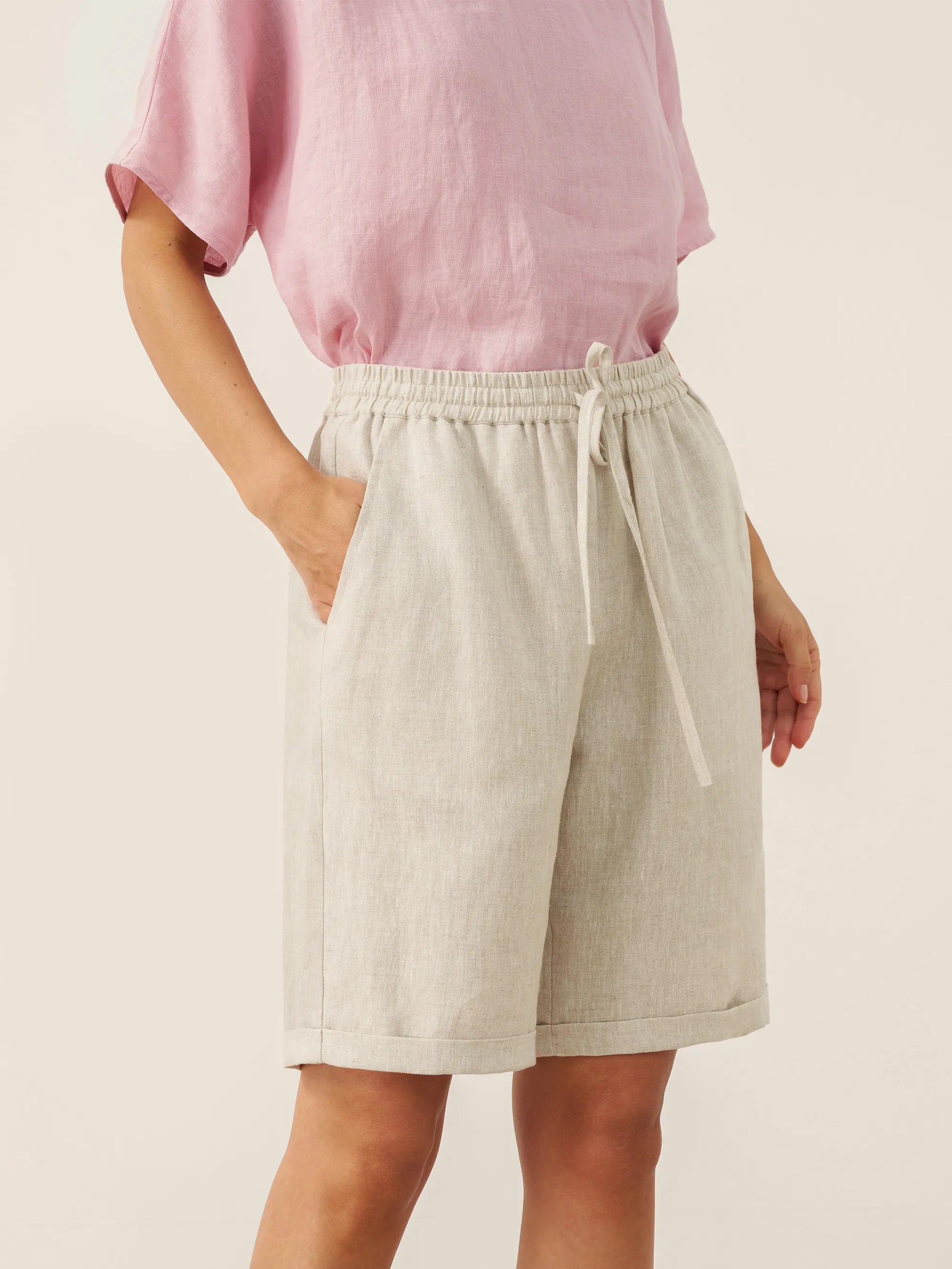 100% Linen Elastic Drawstring Waist Capri Pants XIMENA by LINTICO