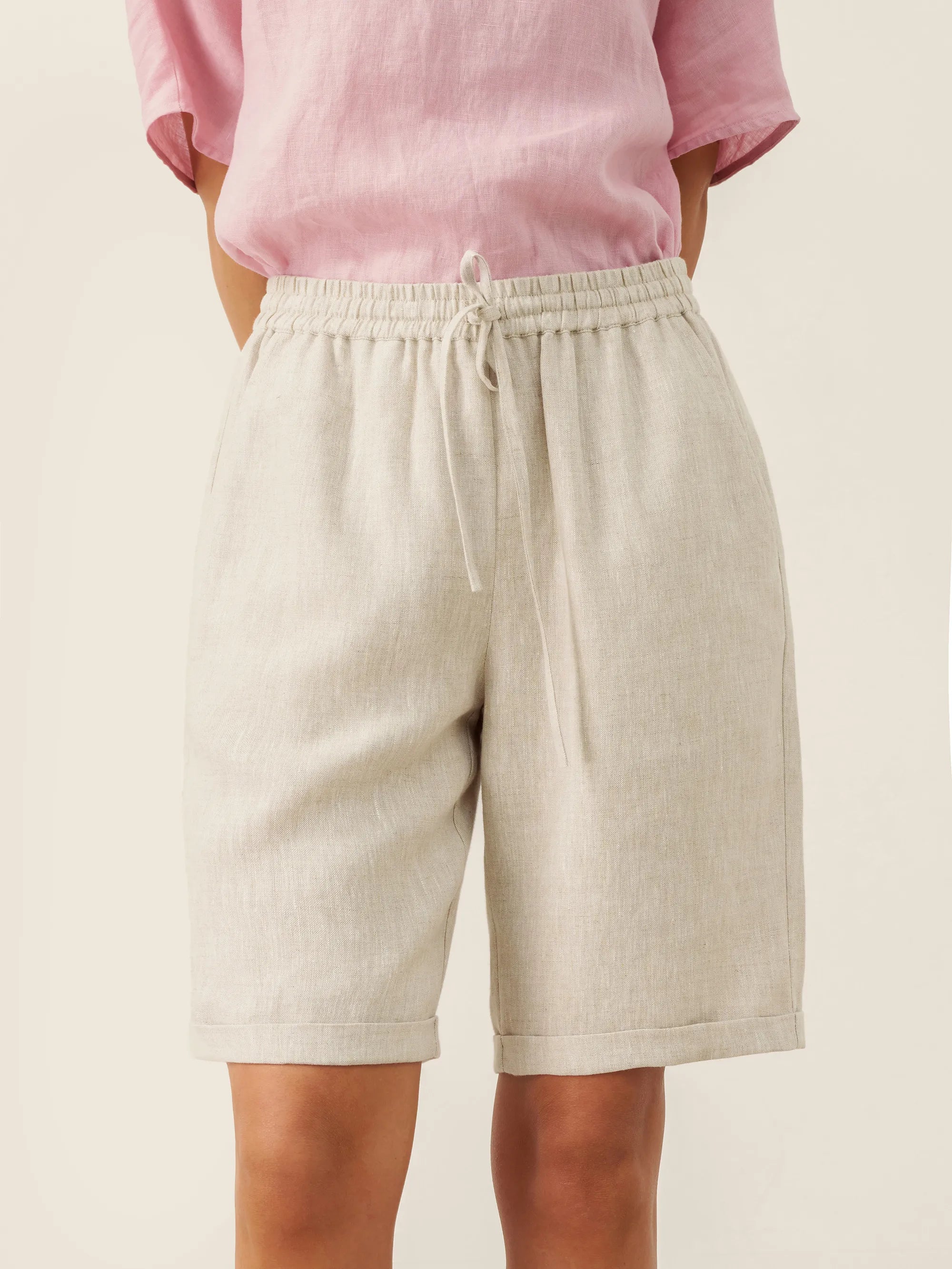 100% Linen Elastic Drawstring Waist Capri Pants XIMENA by LINTICO
