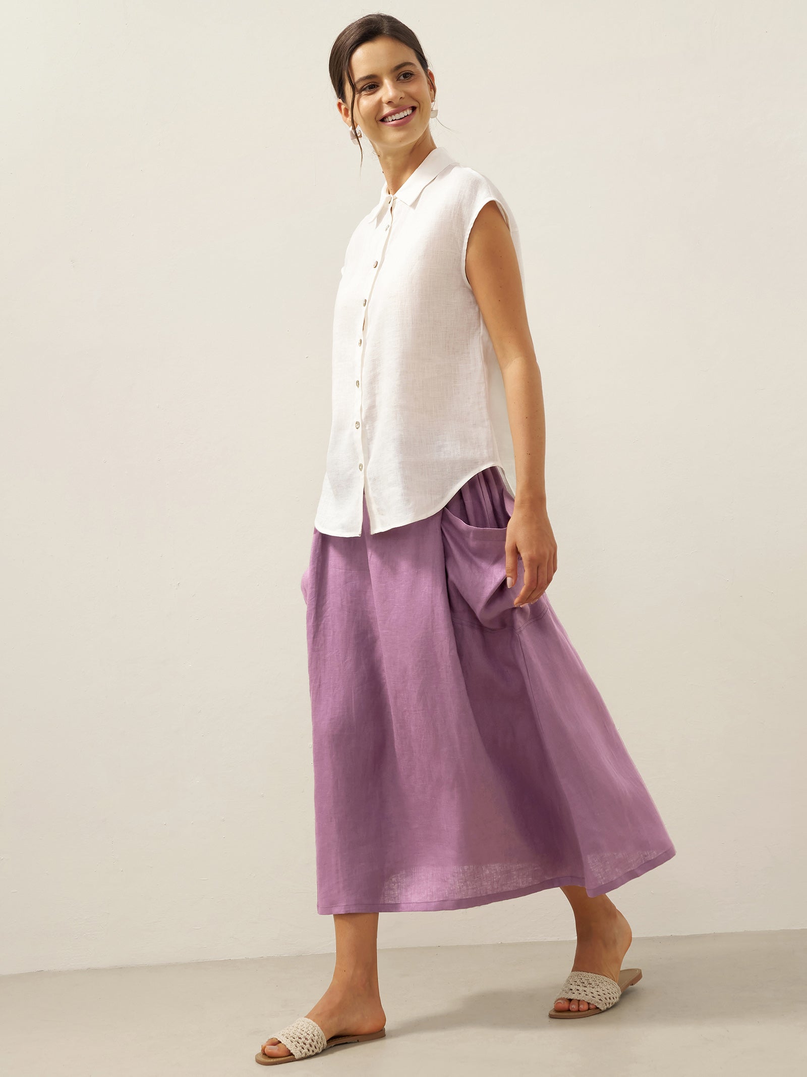 Linen Checked Elastic Waist Skirt MARINA