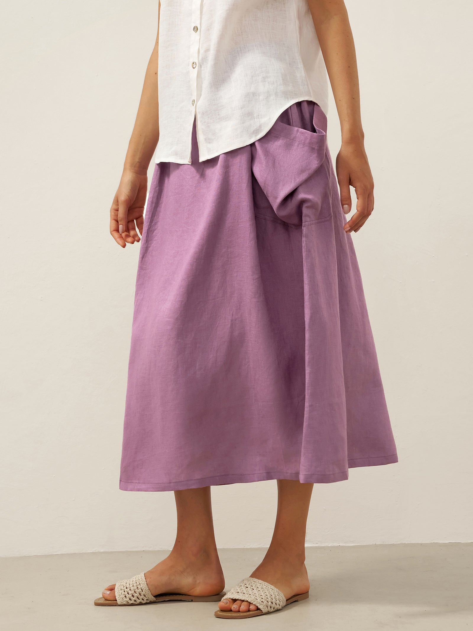 Linen Checked Elastic Waist Skirt MARINA