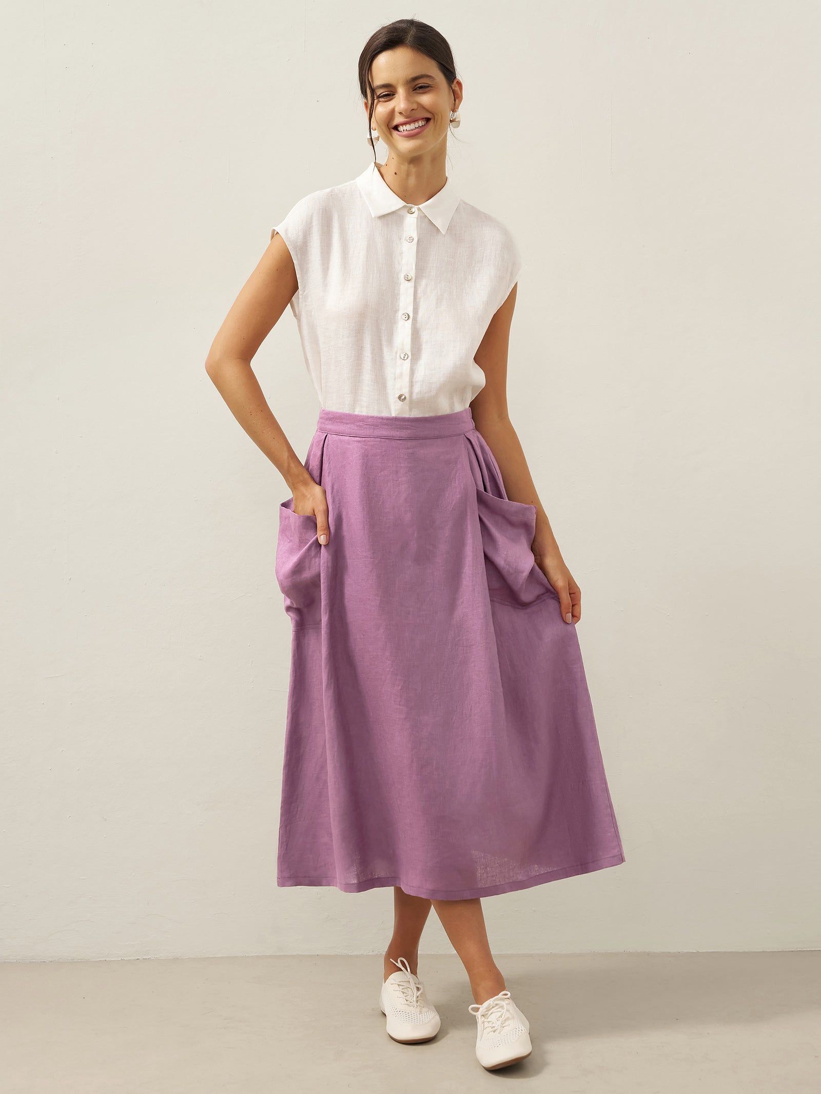 Linen Checked Elastic Waist Skirt MARINA