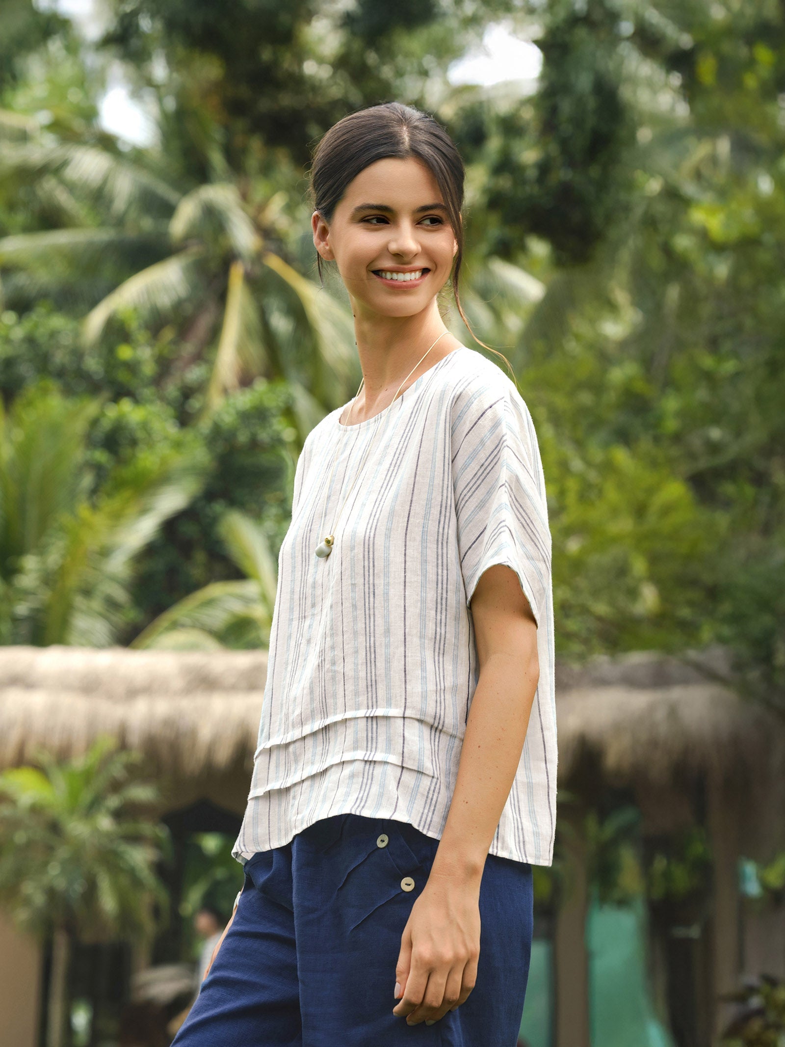 100% Linen Pleated Striped Pullover Top VIA by LINTICO