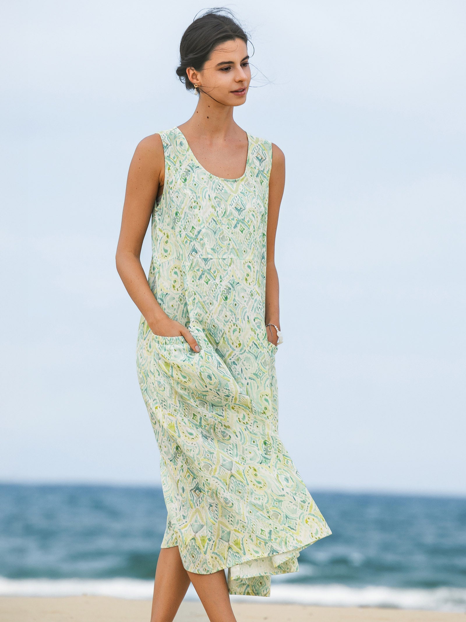 100% Linen Floral Swing Beach Tank Dress LORRAINE by LINTICO