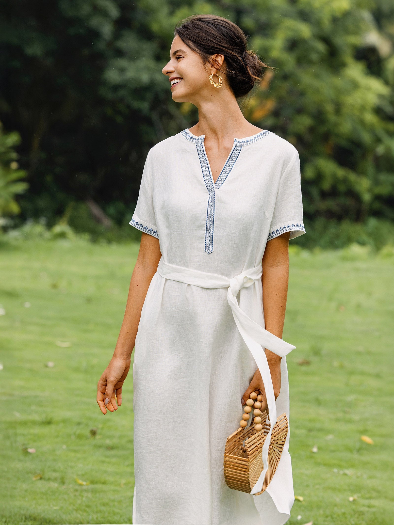100% Linen Embroidered V-Neck Midi Dress with Belt FELLIS by LINTICO