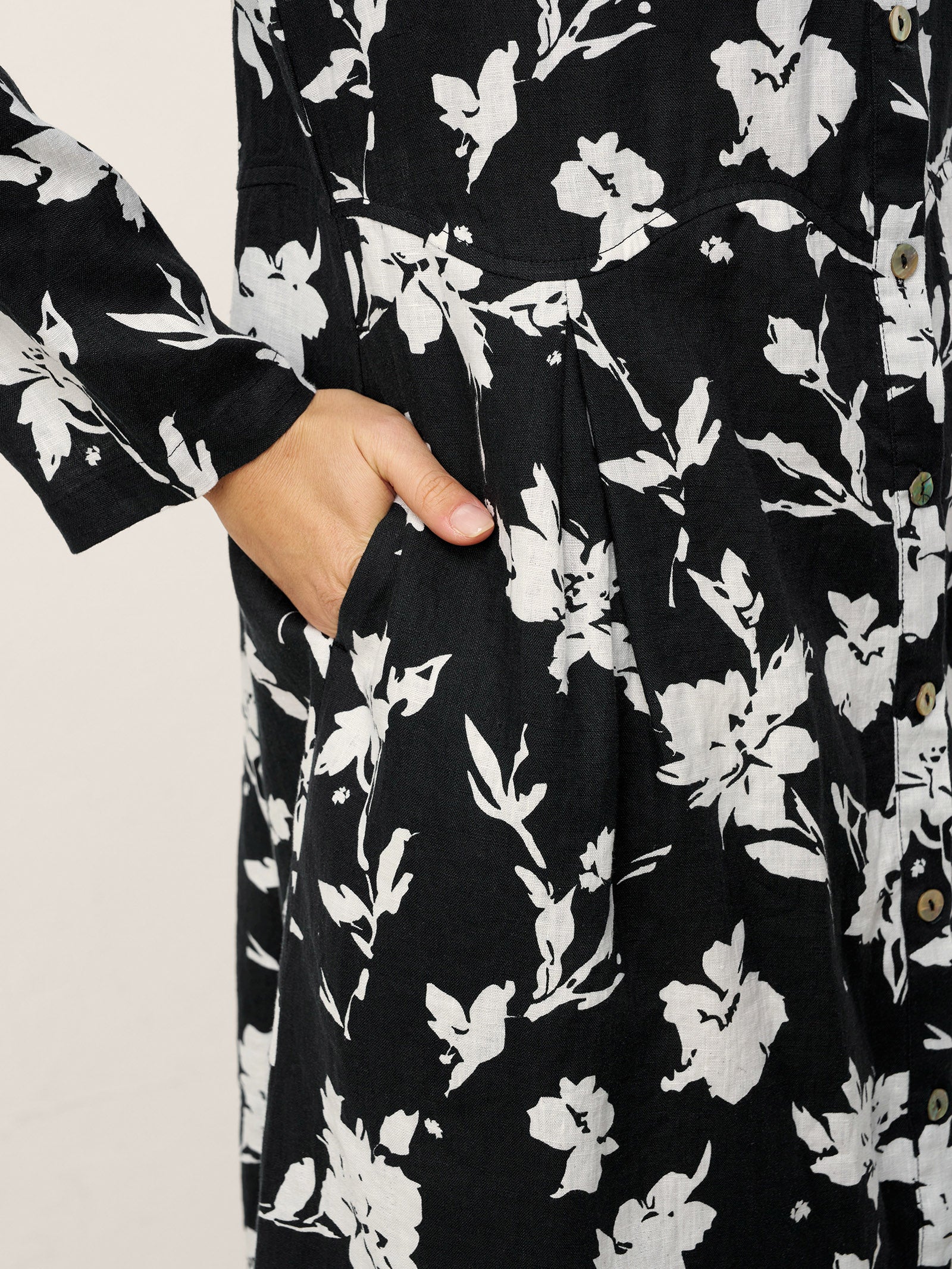 100% Linen Floral Printed Gathered Midi Dress ELODIE