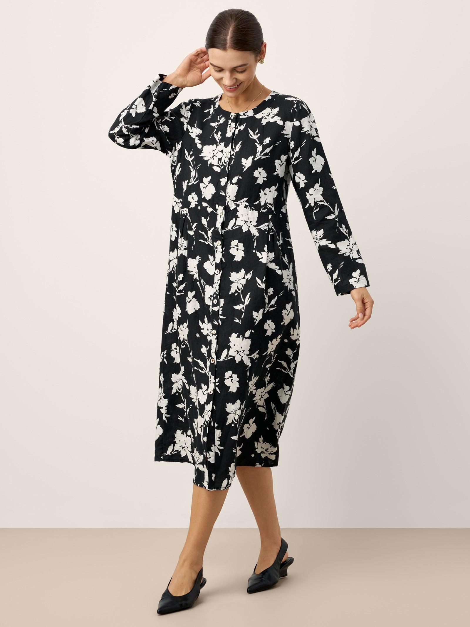 100% Linen Floral Printed Gathered Maxi Dress ELODIE by LINTICO