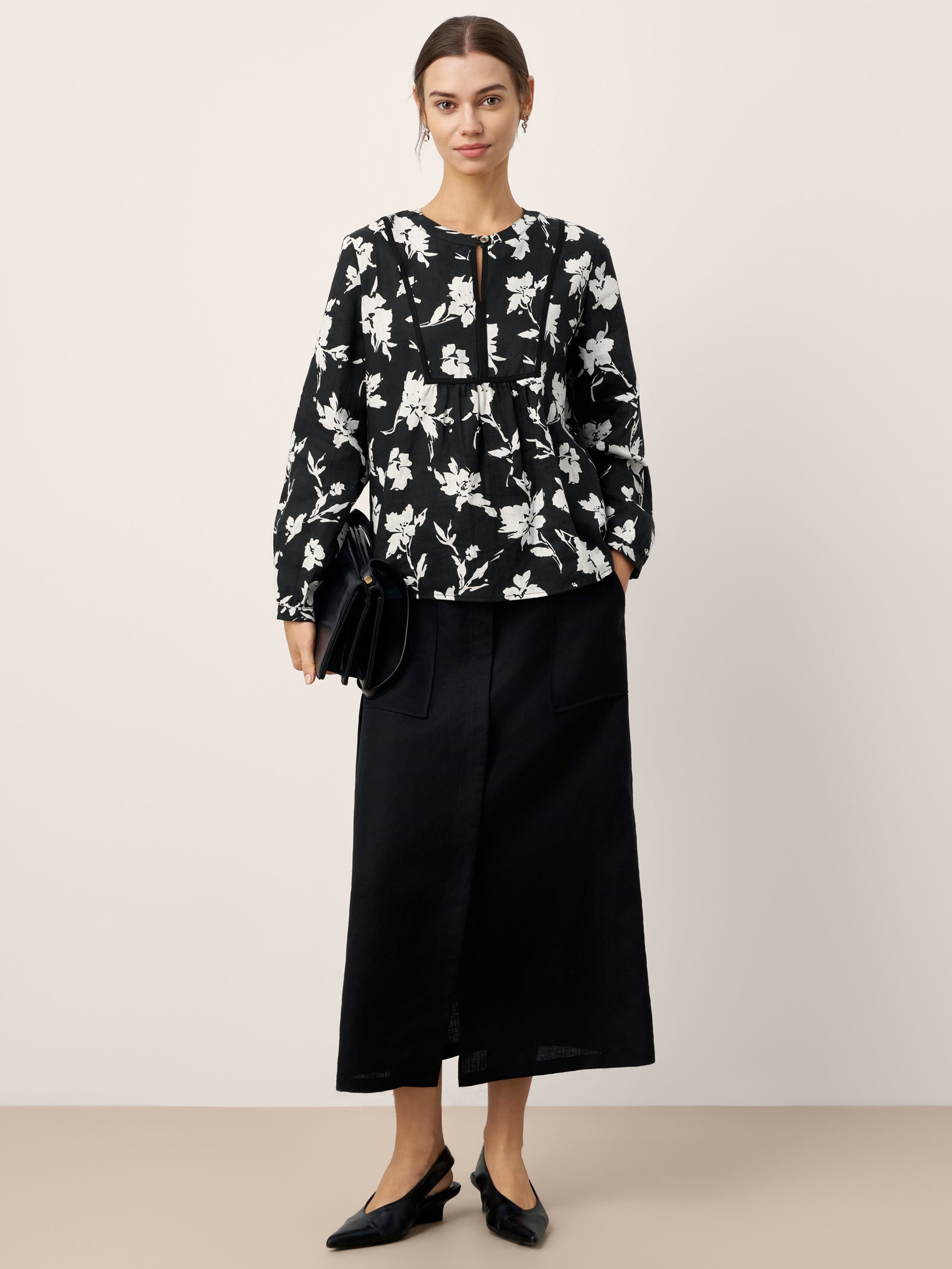 100% Linen Floral Printed Gathered Pullover Top AMIYA by LINTICO