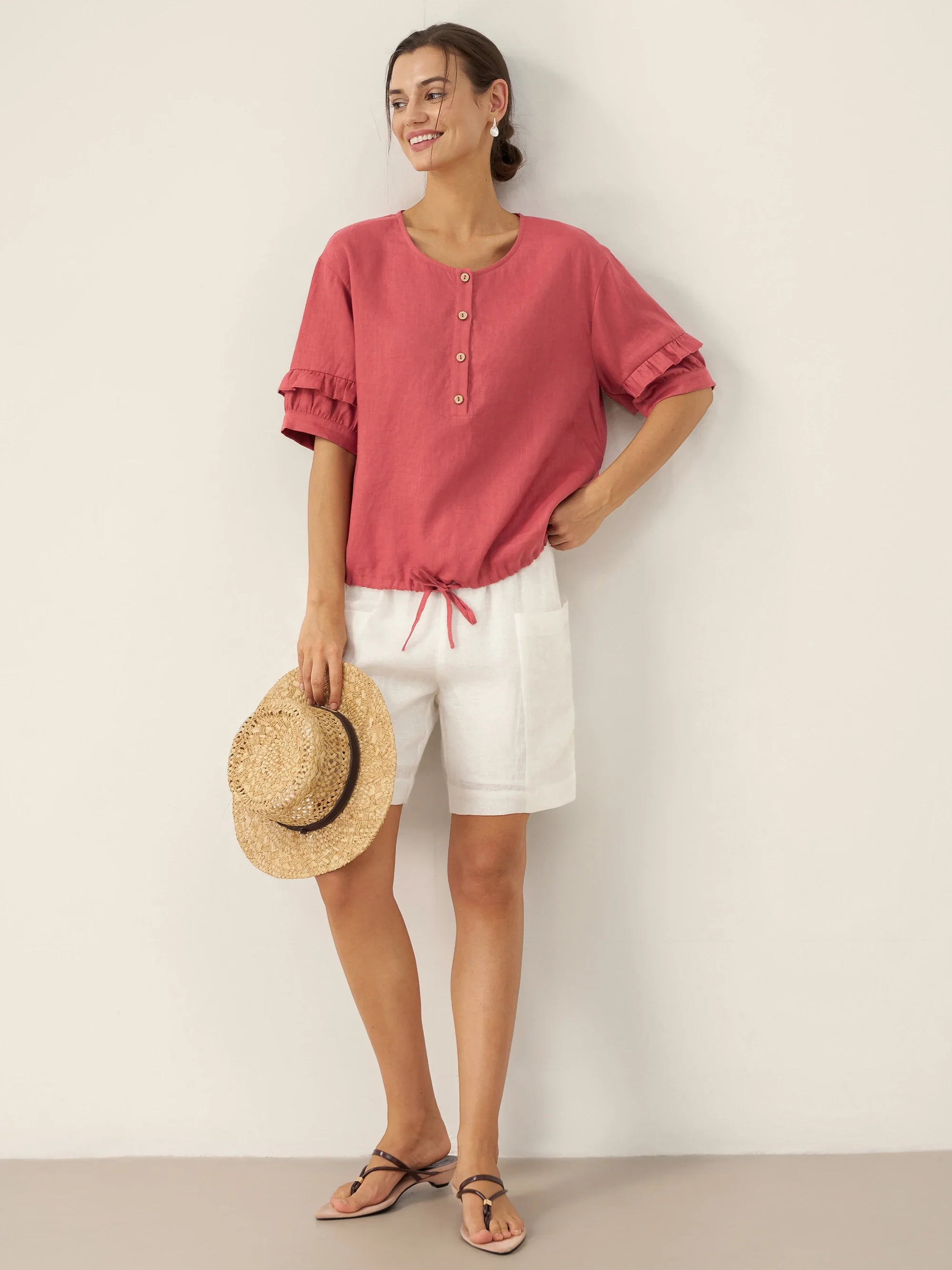 100% Linen Flutter Sleeve Drawstring Top ZOEY by LINTICO