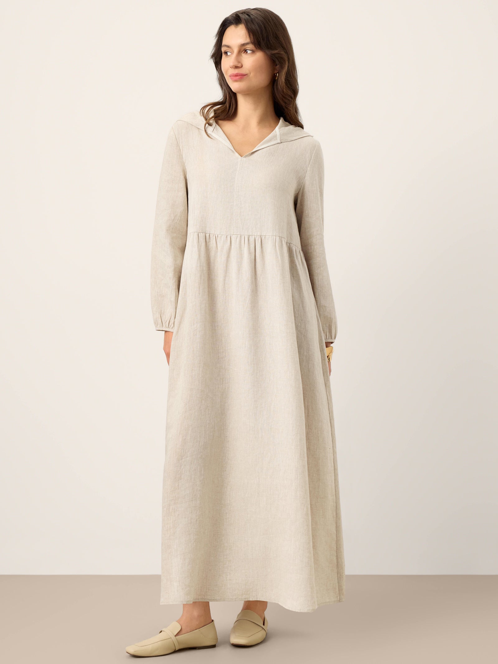 100% Linen Sculpted-Hood Caftan Midi Dress LINETTE by LINTICO