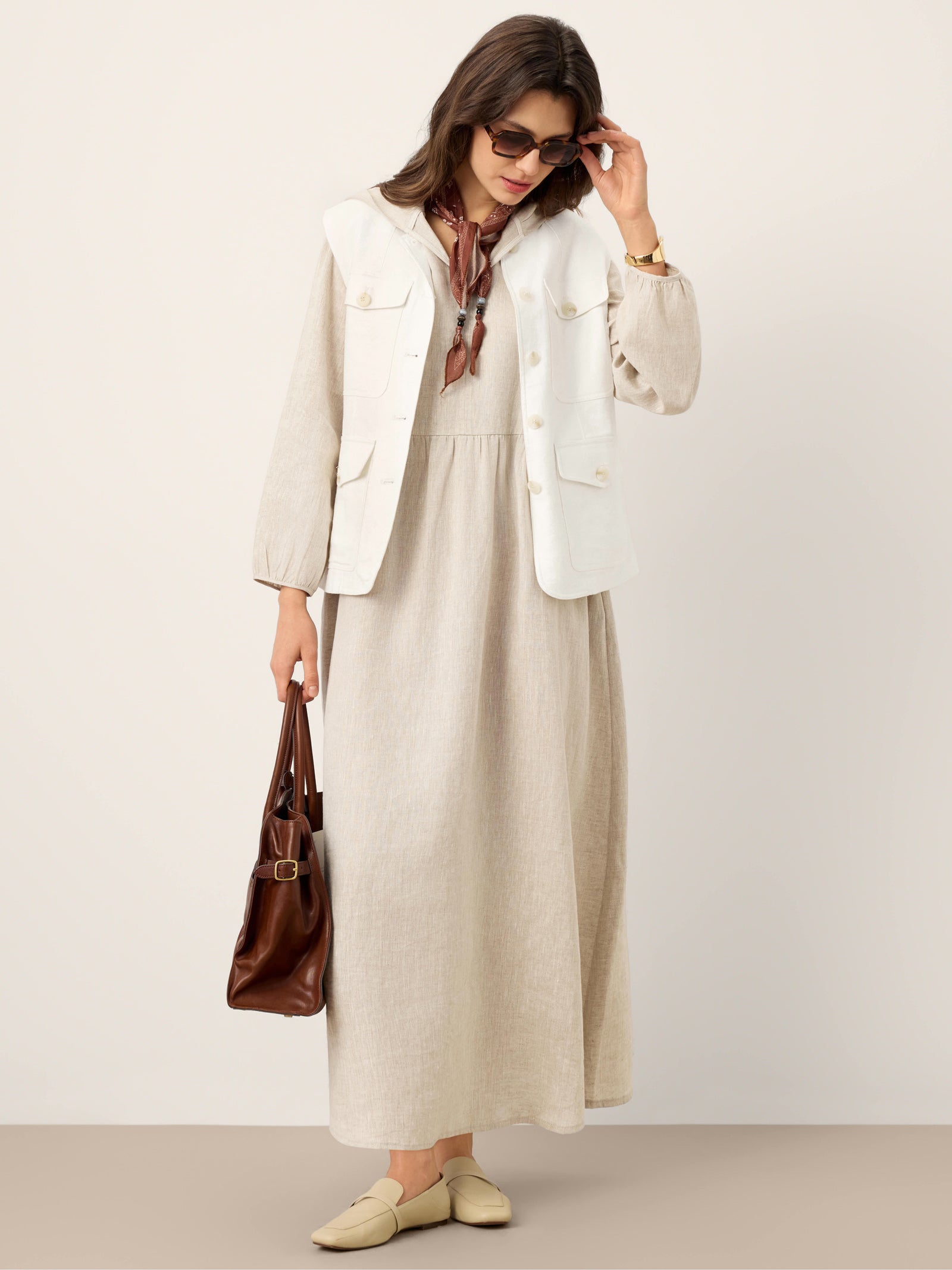 100% Linen Sculpted-Hood Caftan Midi Dress LINETTE by LINTICO