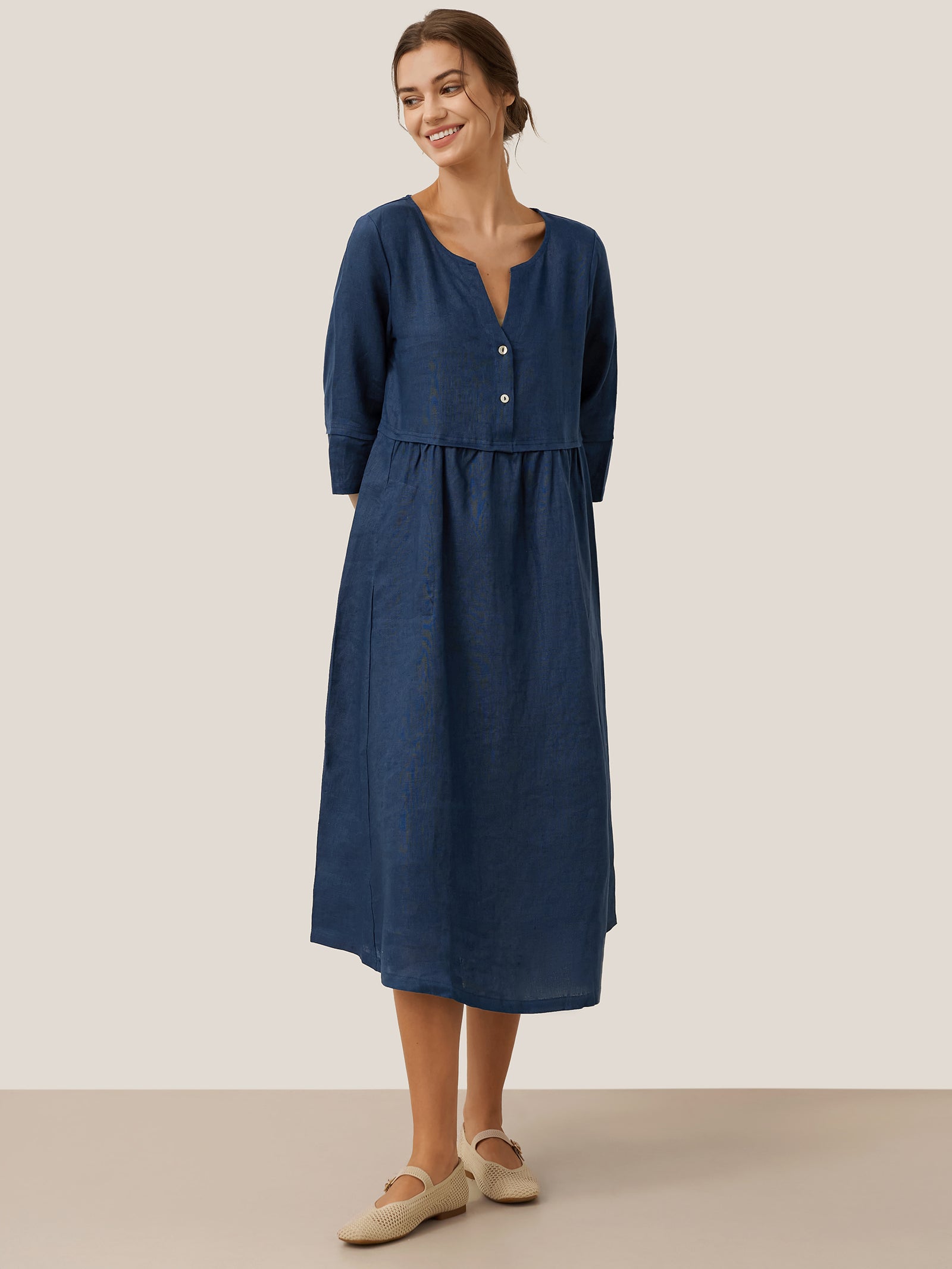 100% Linen Loose Fit Button Waist Gathered Midi Dress LUNA DestGlow