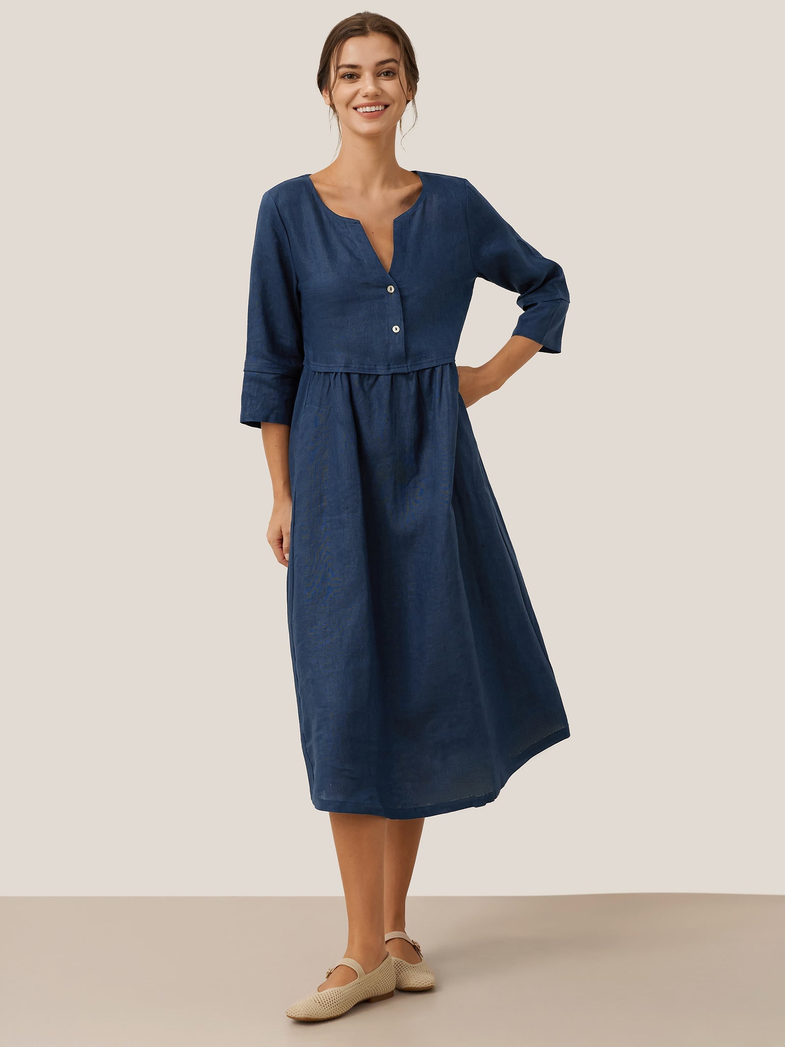 100% Linen Loose Fit Button Waist Gathered Midi Dress LUNA DestGlow