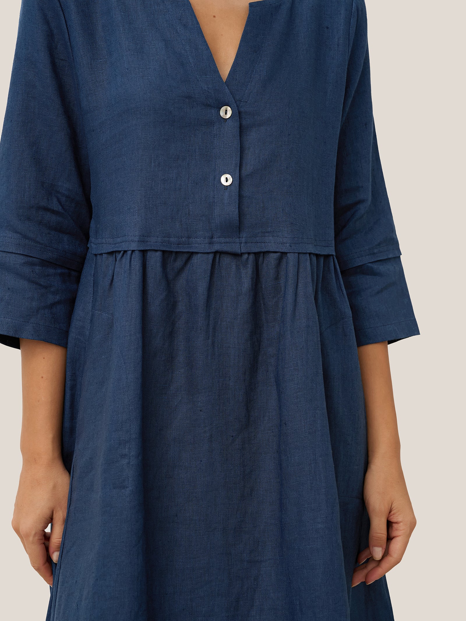 100% Linen Loose Fit Button Waist Gathered Midi Dress LUNA DestGlow