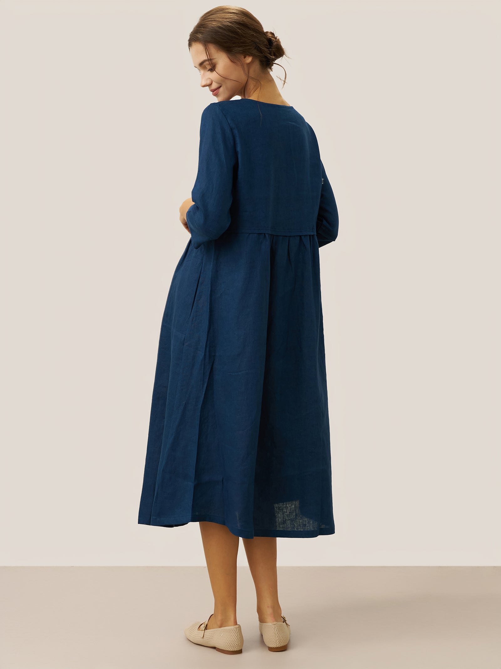 100% Linen Loose Fit Button Waist Gathered Midi Dress LUNA DestGlow