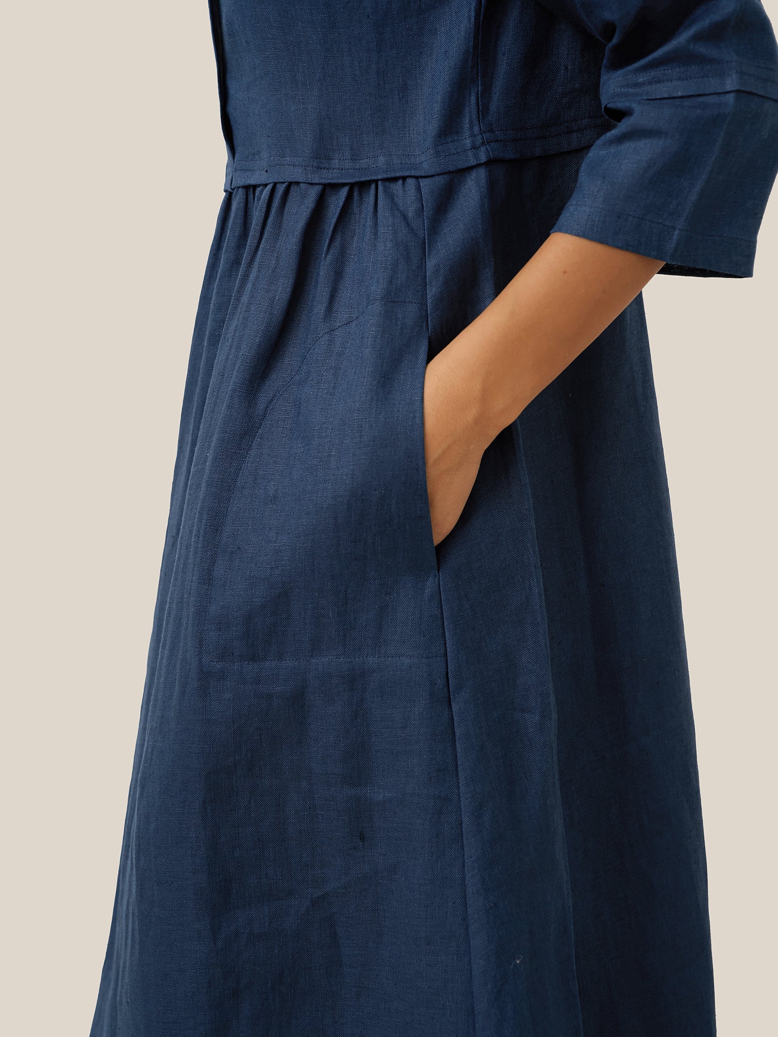 100% Linen Loose Fit Button Waist Gathered Midi Dress LUNA DestGlow