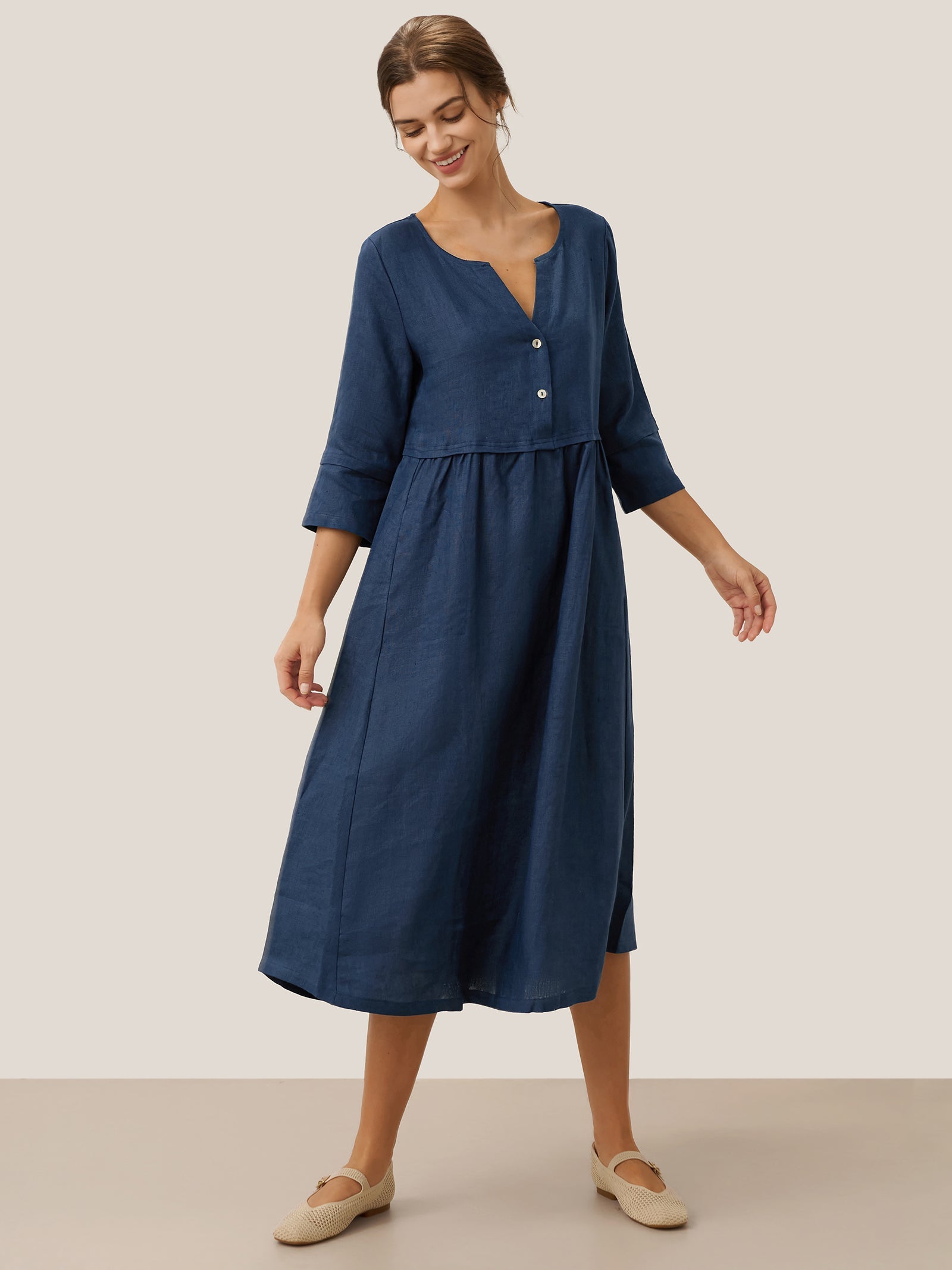 100% Linen Loose Fit Button Waist Gathered Midi Dress LUNA DestGlow