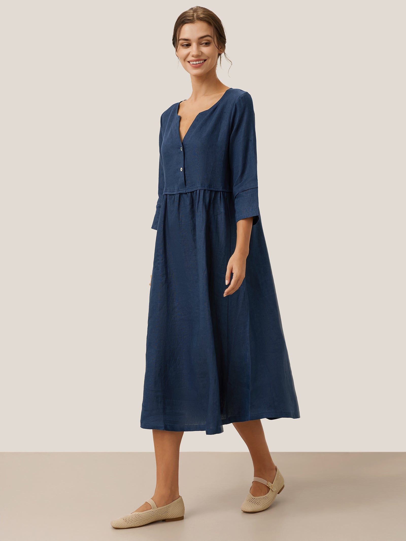 100% Linen Loose Fit Button Waist Gathered Midi Dress LUNA DestGlow