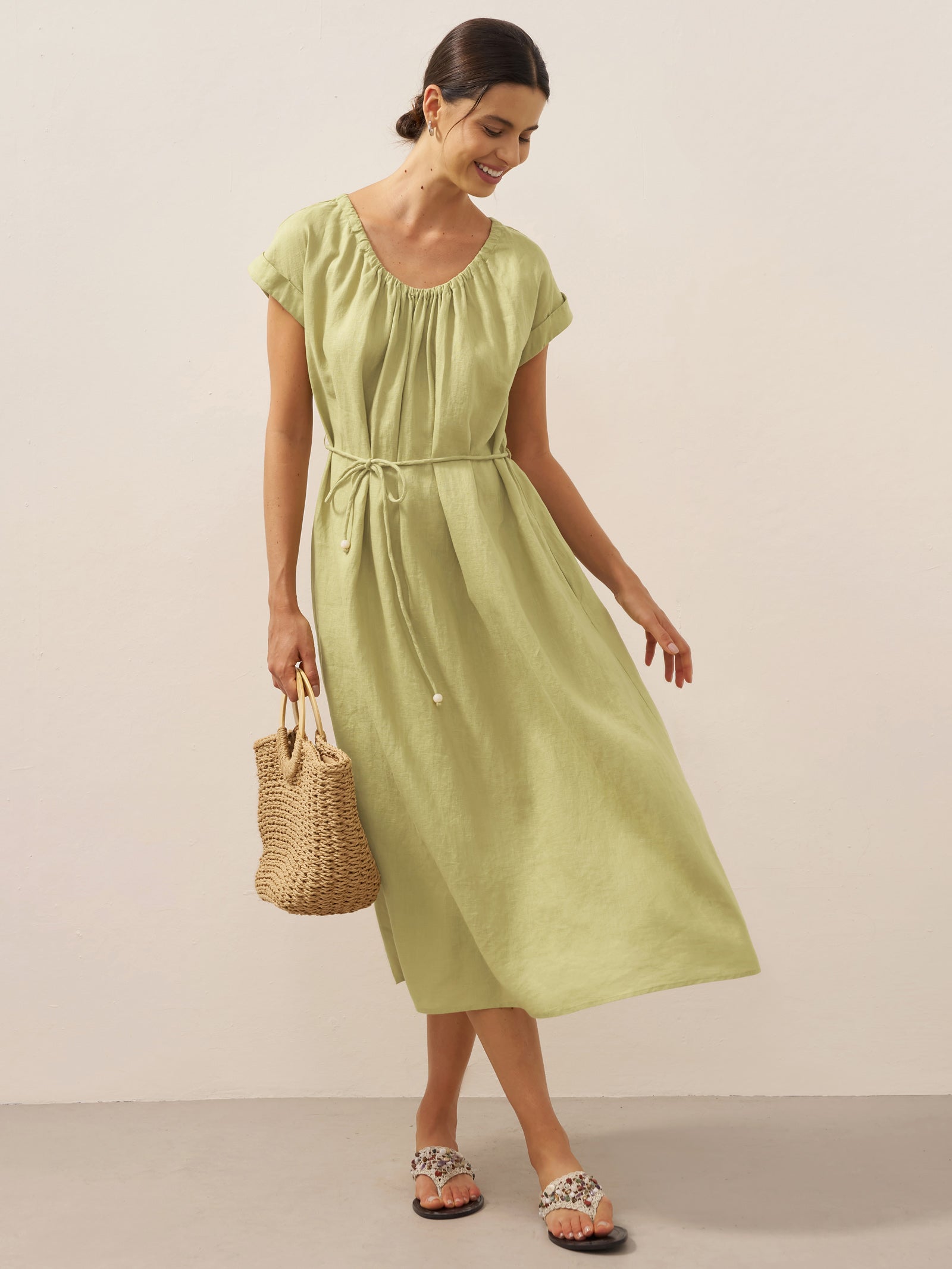 100% Linen Pleated Crew Neck Midi Dress with Detachable Tie Straps MIRA