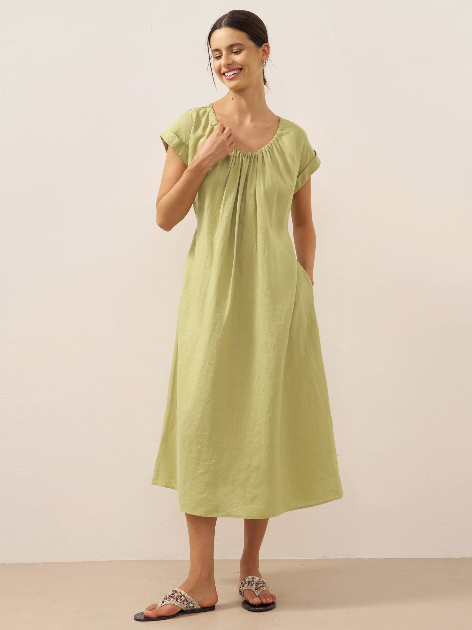 100% Linen Pleated Crew Neck Midi Dress with Detachable Tie Straps MIRA