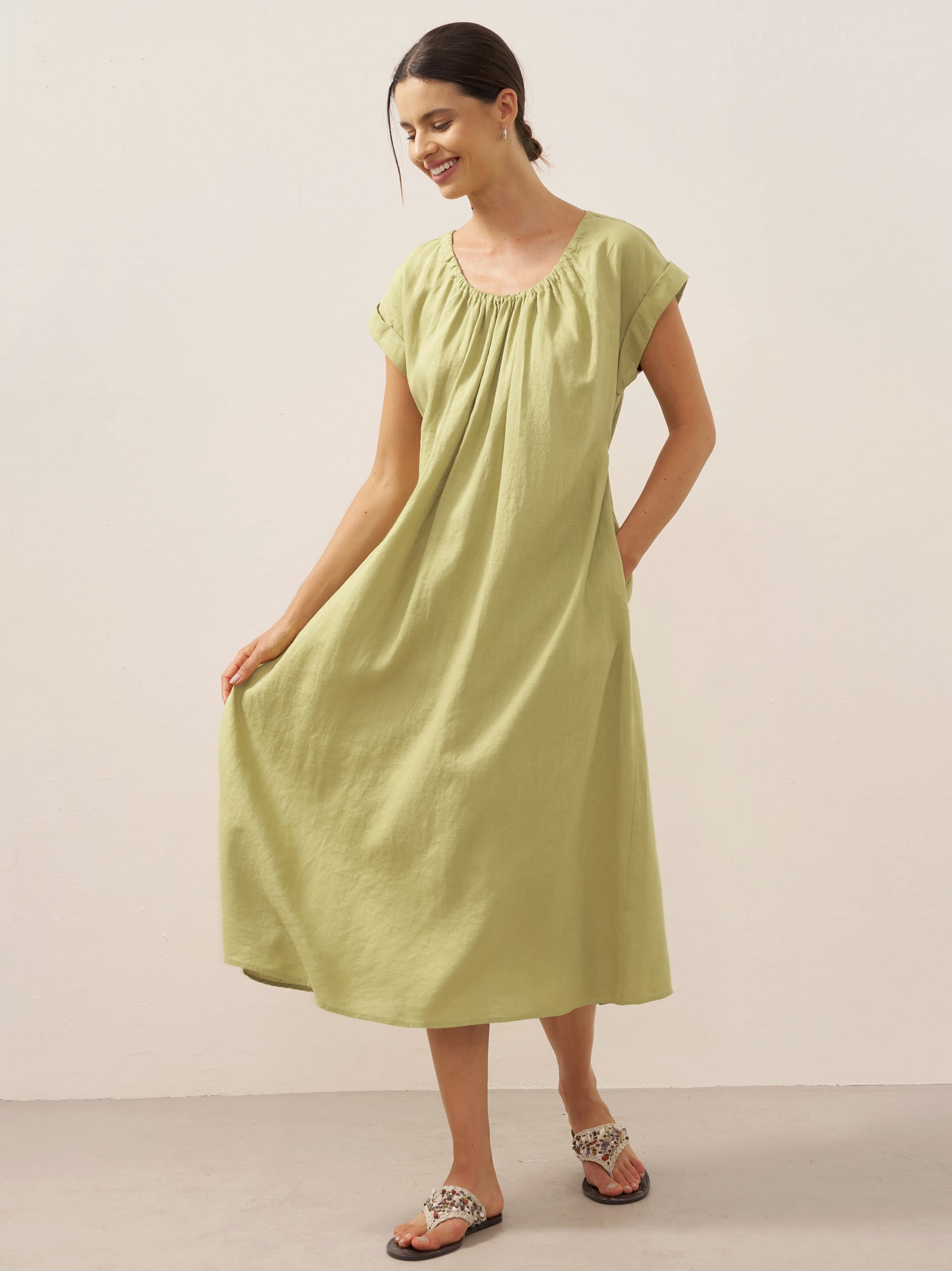 100% Linen Pleated Crew Neck Midi Dress with Detachable Tie Straps MIRA