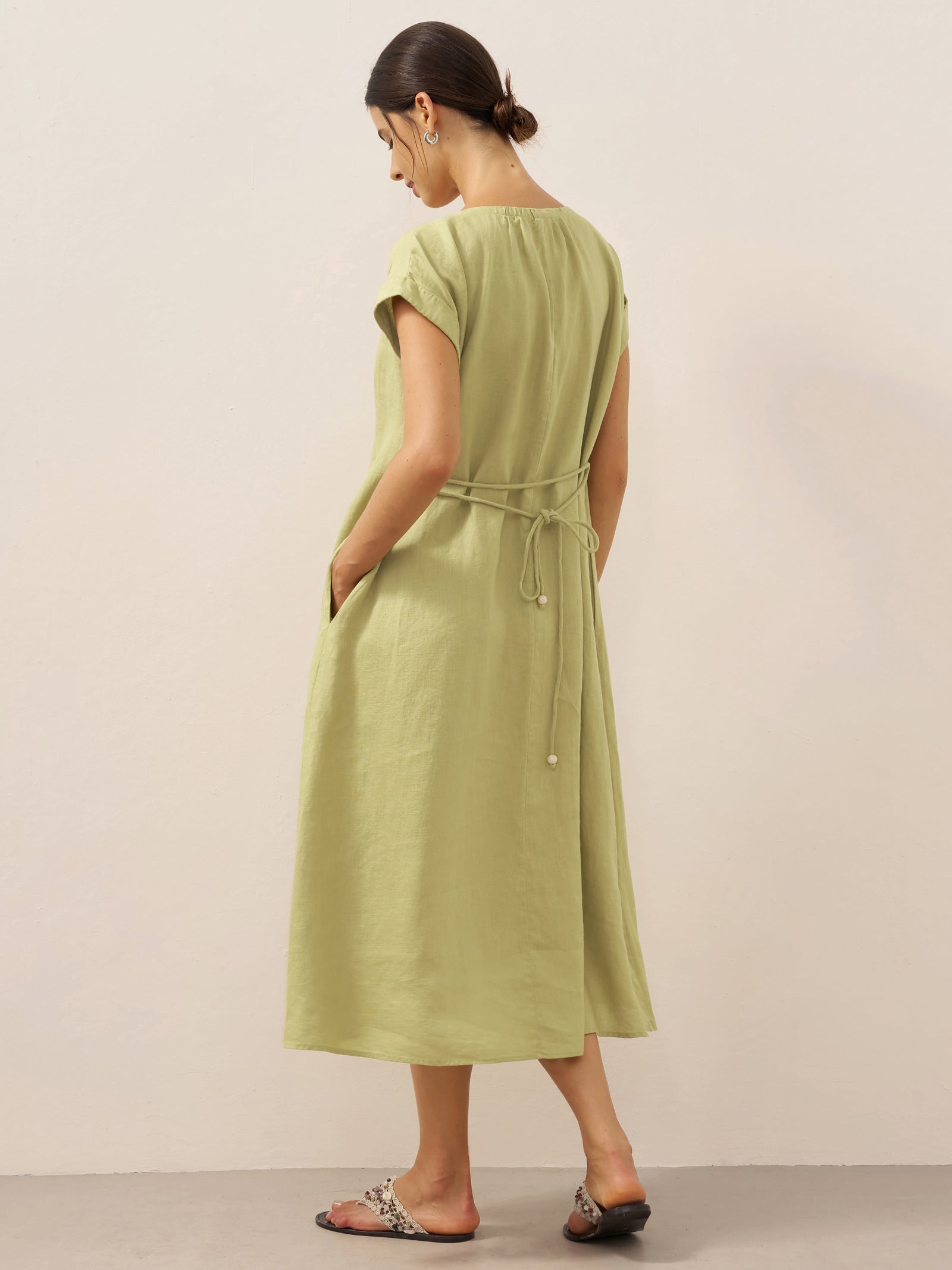 100% Linen Pleated Crew Neck Midi Dress with Detachable Tie Straps MIRA