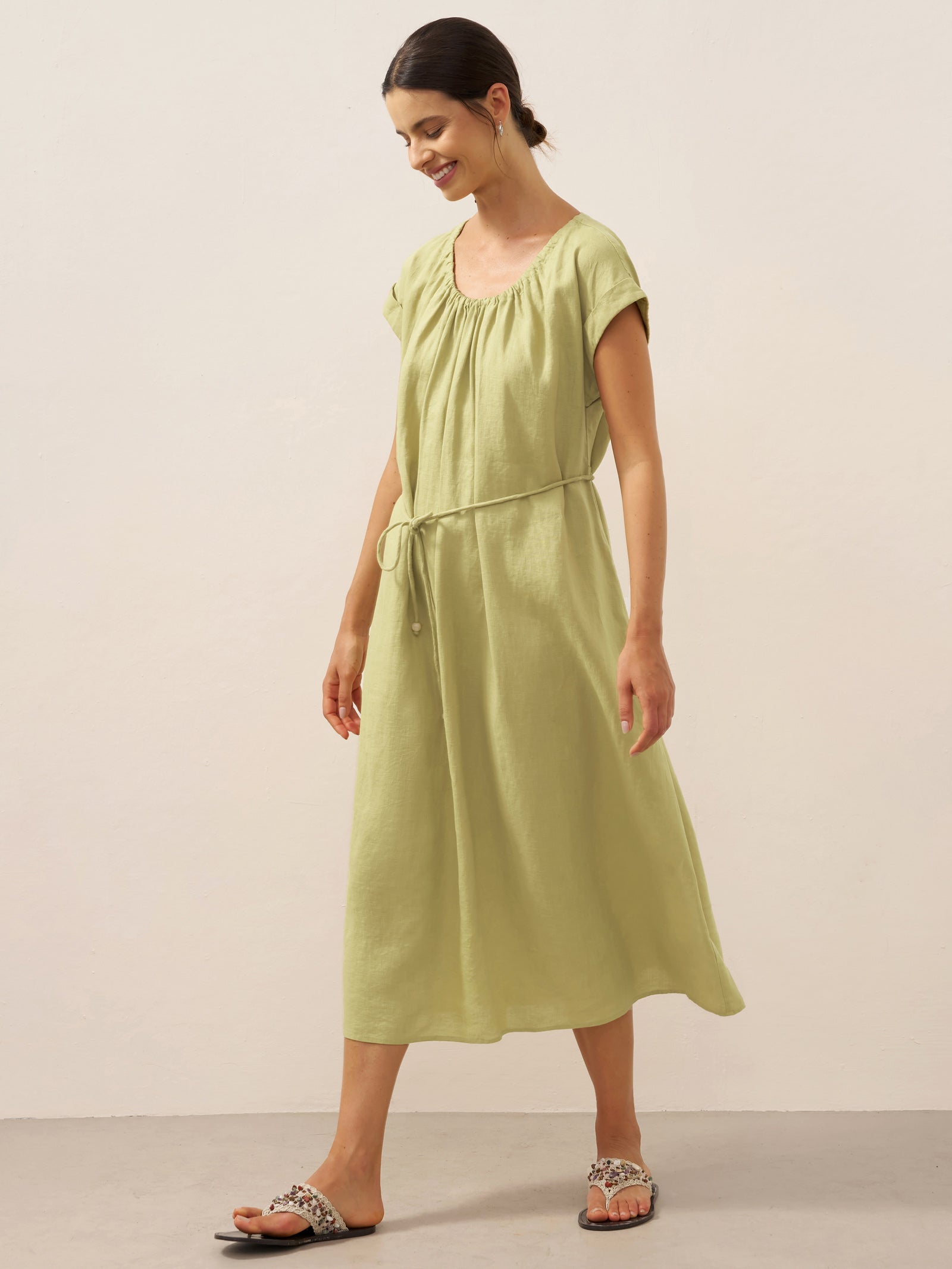 100% Linen Pleated Crew Neck Midi Dress with Detachable Tie Straps MIRA