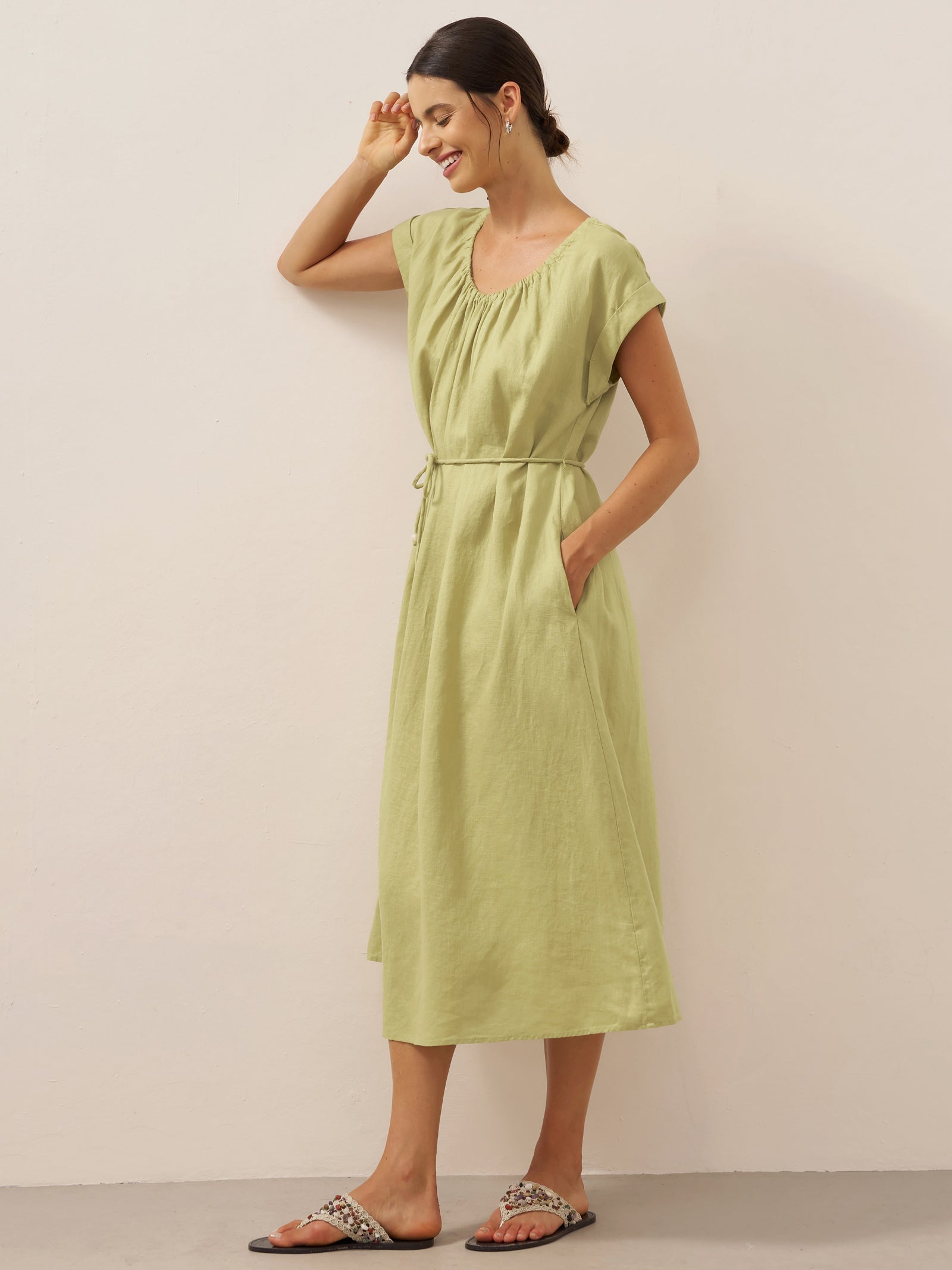 100% Linen Pleated Crew Neck Maxi Dress with Detachable Tie Straps MIRA by LINTICO