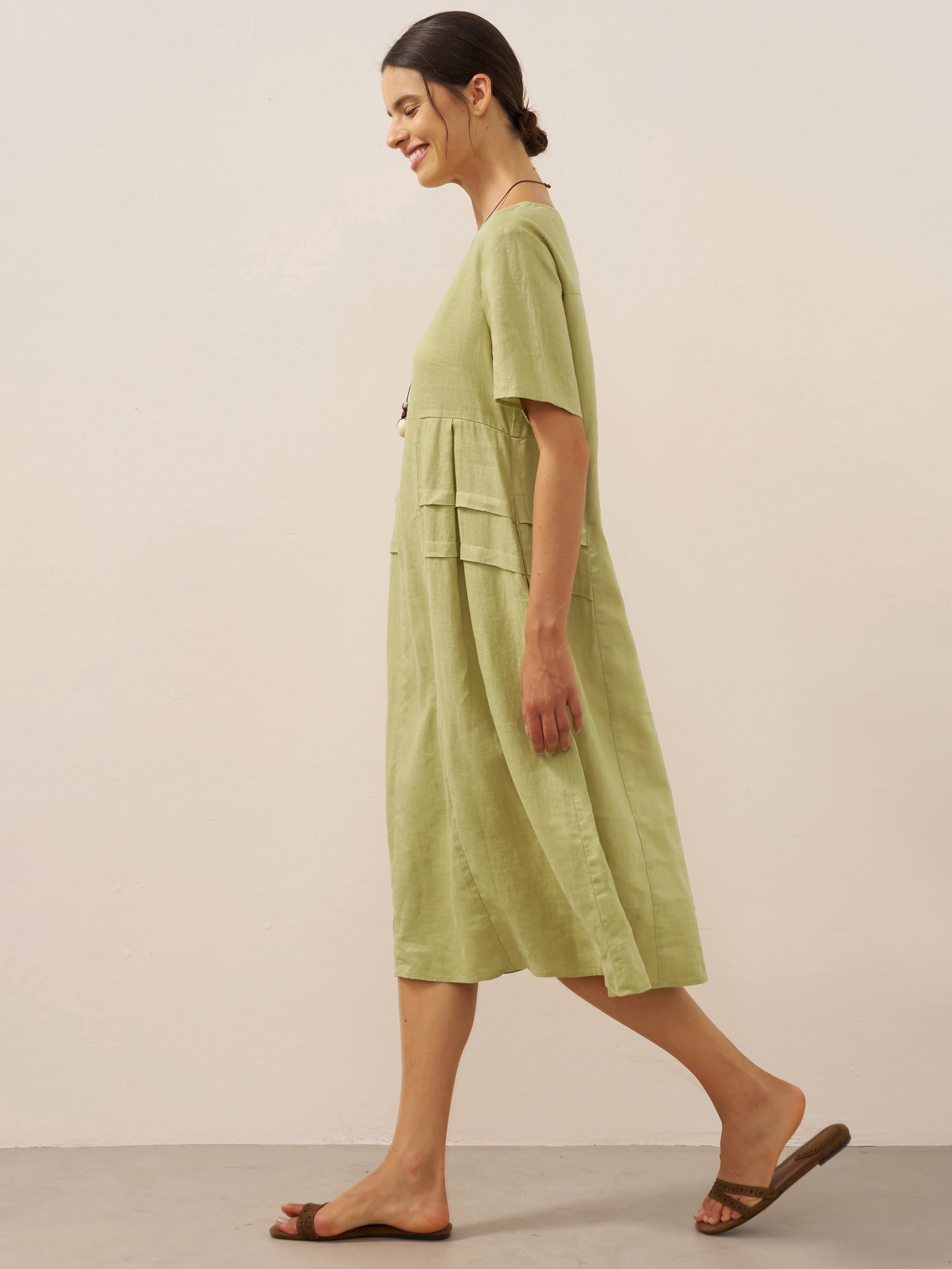 100% Linen Pleated Crew Neck Midi Dress MILA by LINTICO